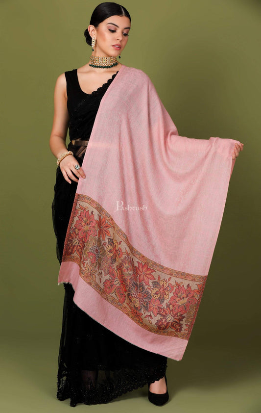 Pashtush India 70x200 Pashtush Women's Silk-Wool Reversible Floral Scarf, Soft and Warm (Powder pink)