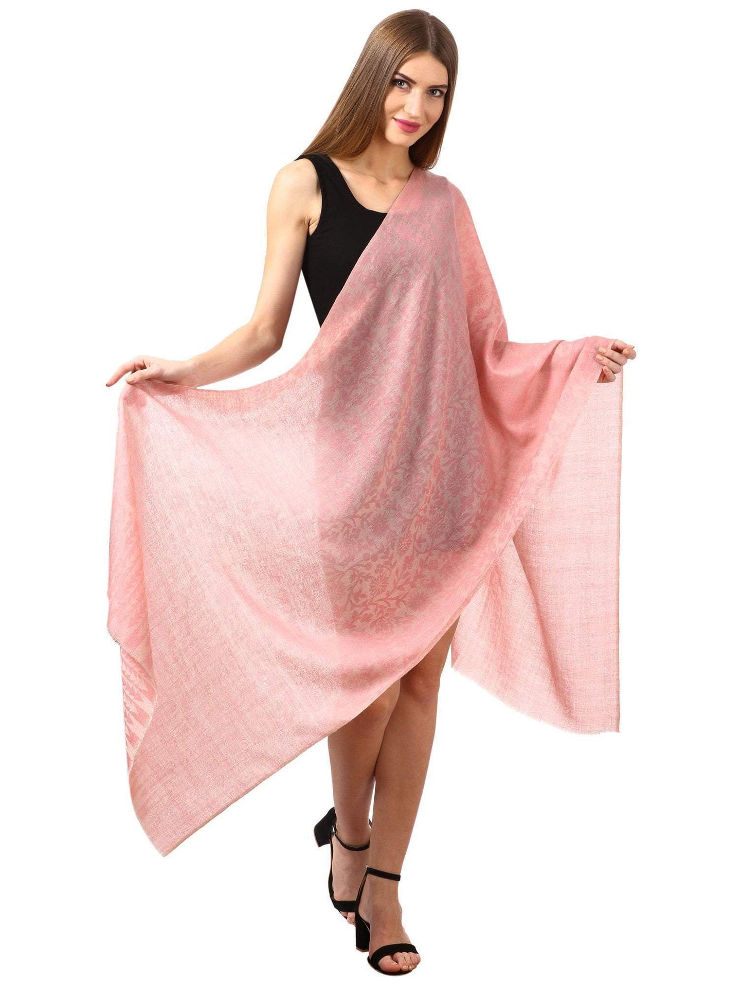 Pashtush India 70x200 Pashtush Women's Silk-Wool Reversible Floral Scarf, Soft and Warm (Powder pink)