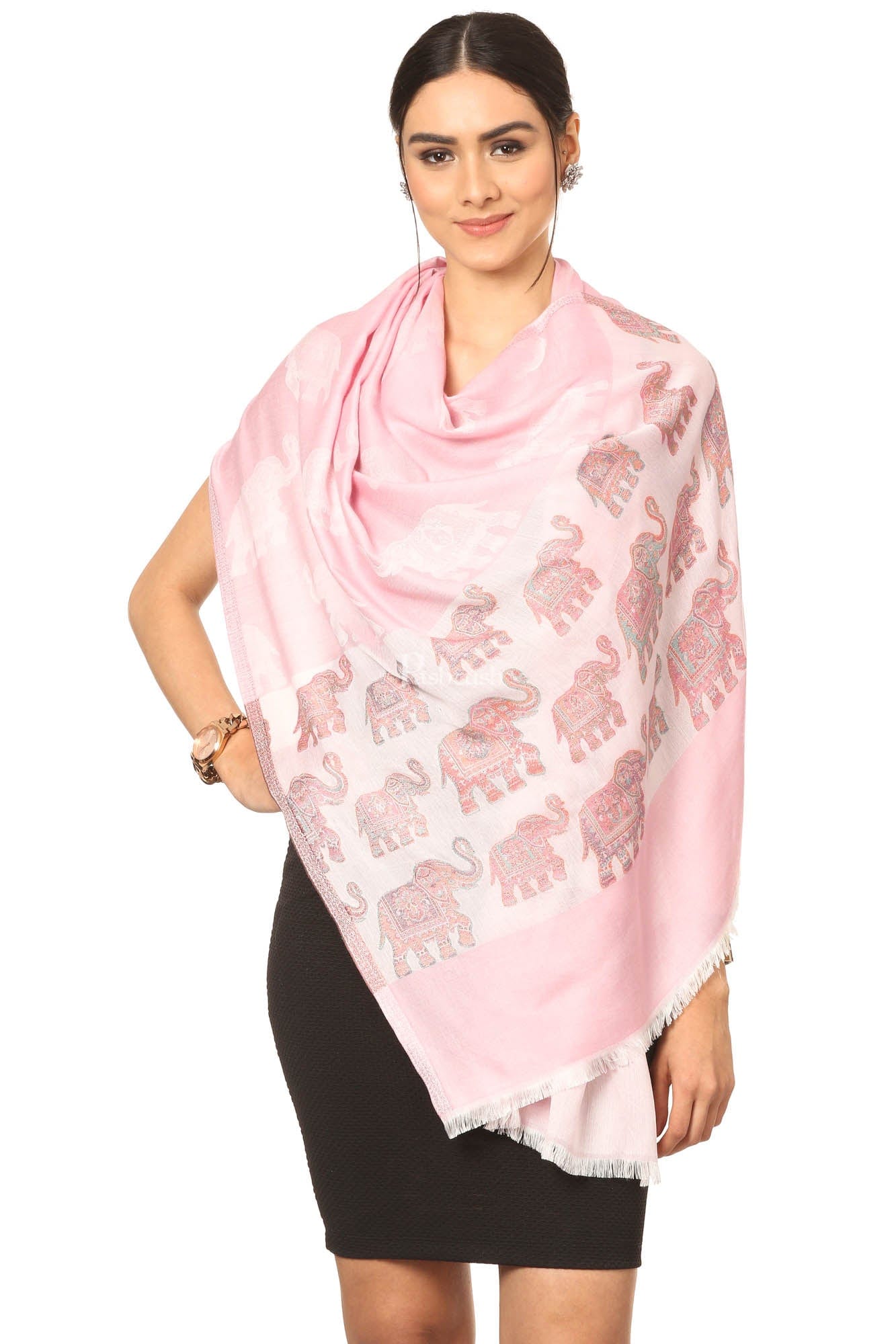 Pashtush India Womens Stoles and Scarves Scarf Pashtush Women'S Soft Bamboo Scarf, Happy Elephant Woven Design, Powder Pink