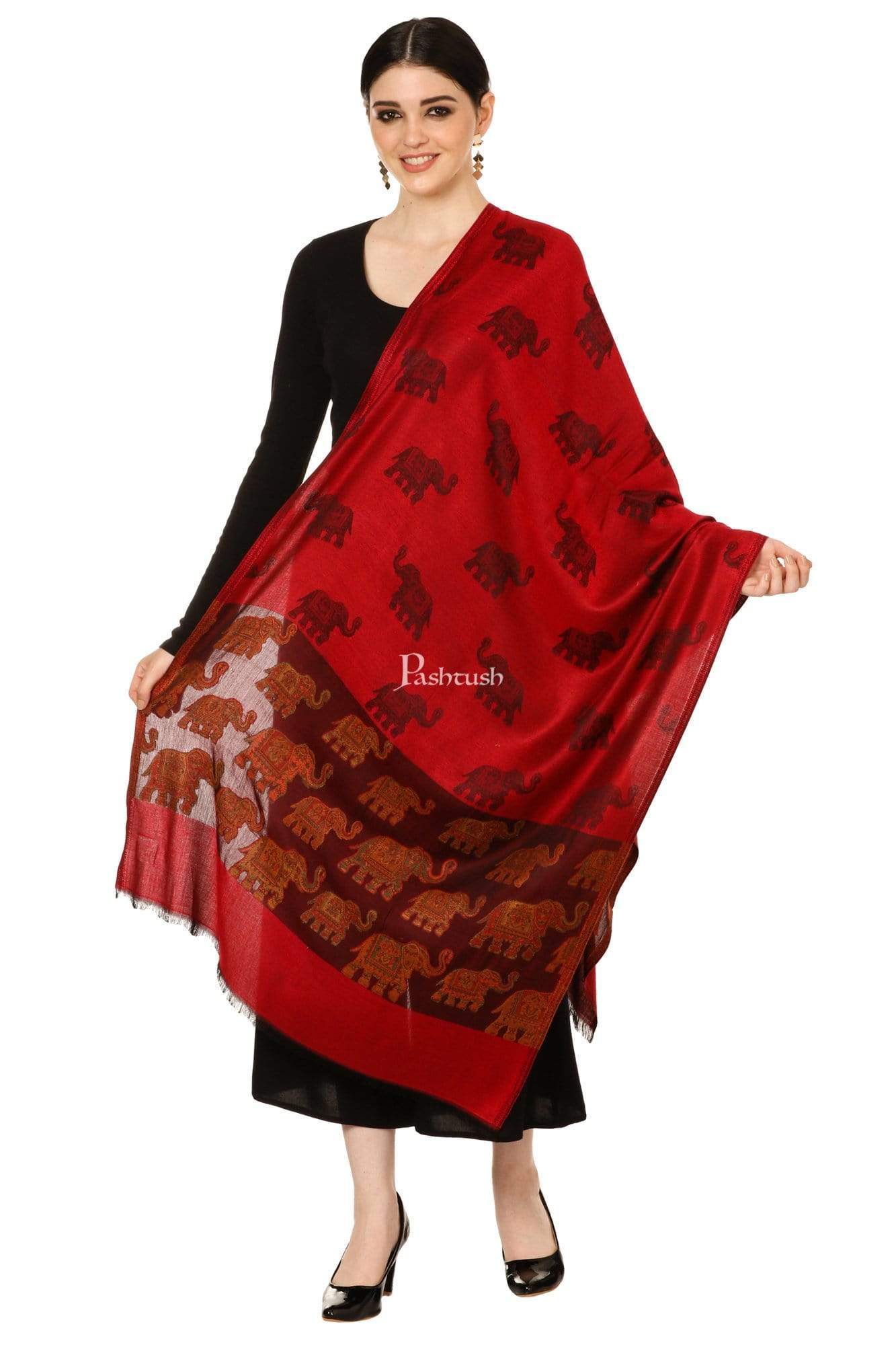 Pashtush India 70x200 Pashtush Women's Soft Bamboo Scarf, Happy Elephants Woven Design, Maroon