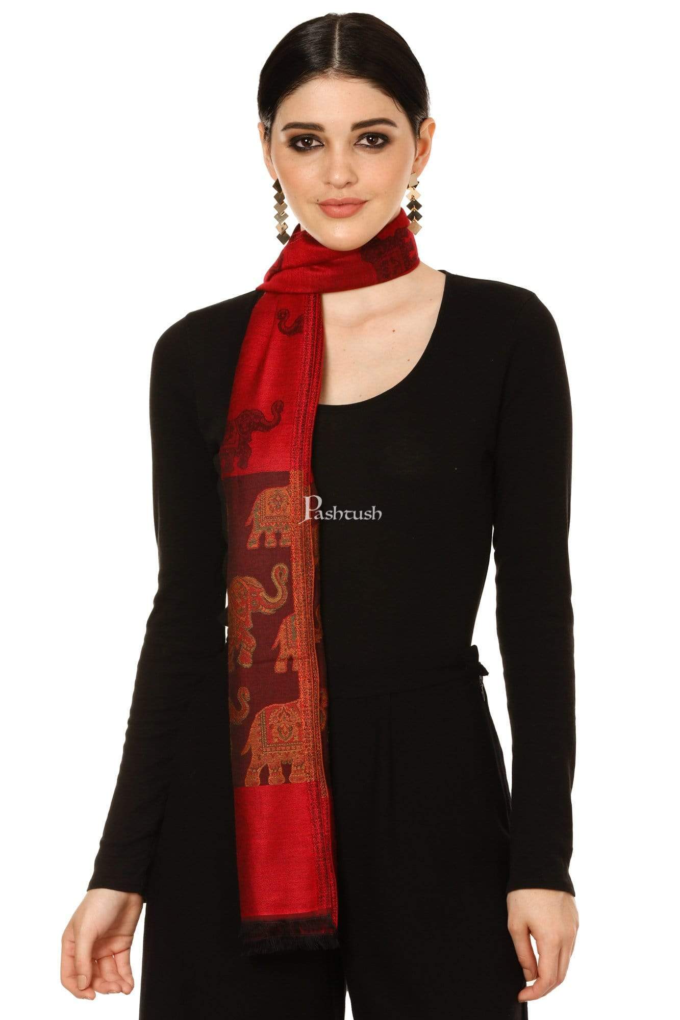 Pashtush India 70x200 Pashtush Women's Soft Bamboo Scarf, Happy Elephants Woven Design, Maroon