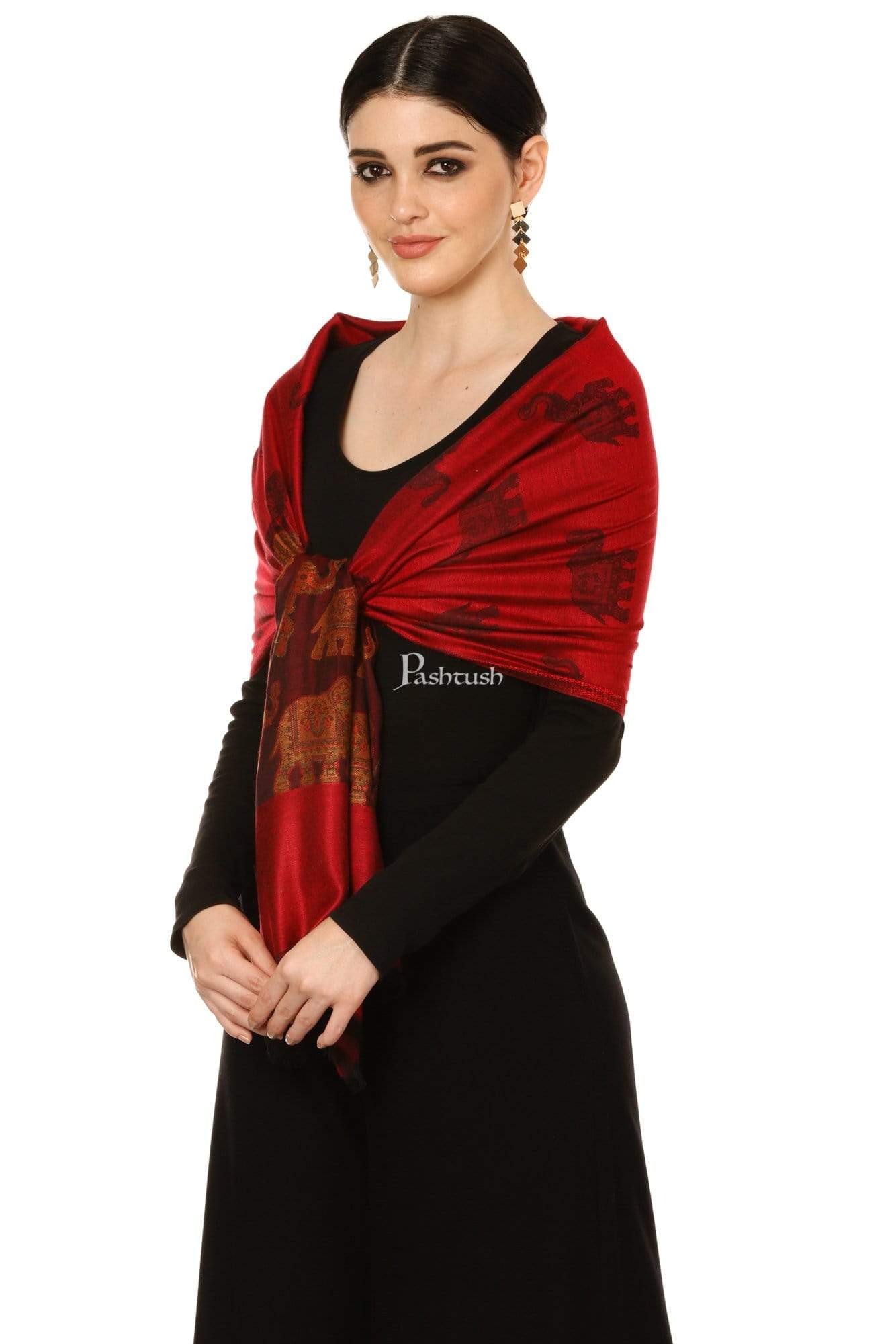 Pashtush India 70x200 Pashtush Women's Soft Bamboo Scarf, Happy Elephants Woven Design, Maroon