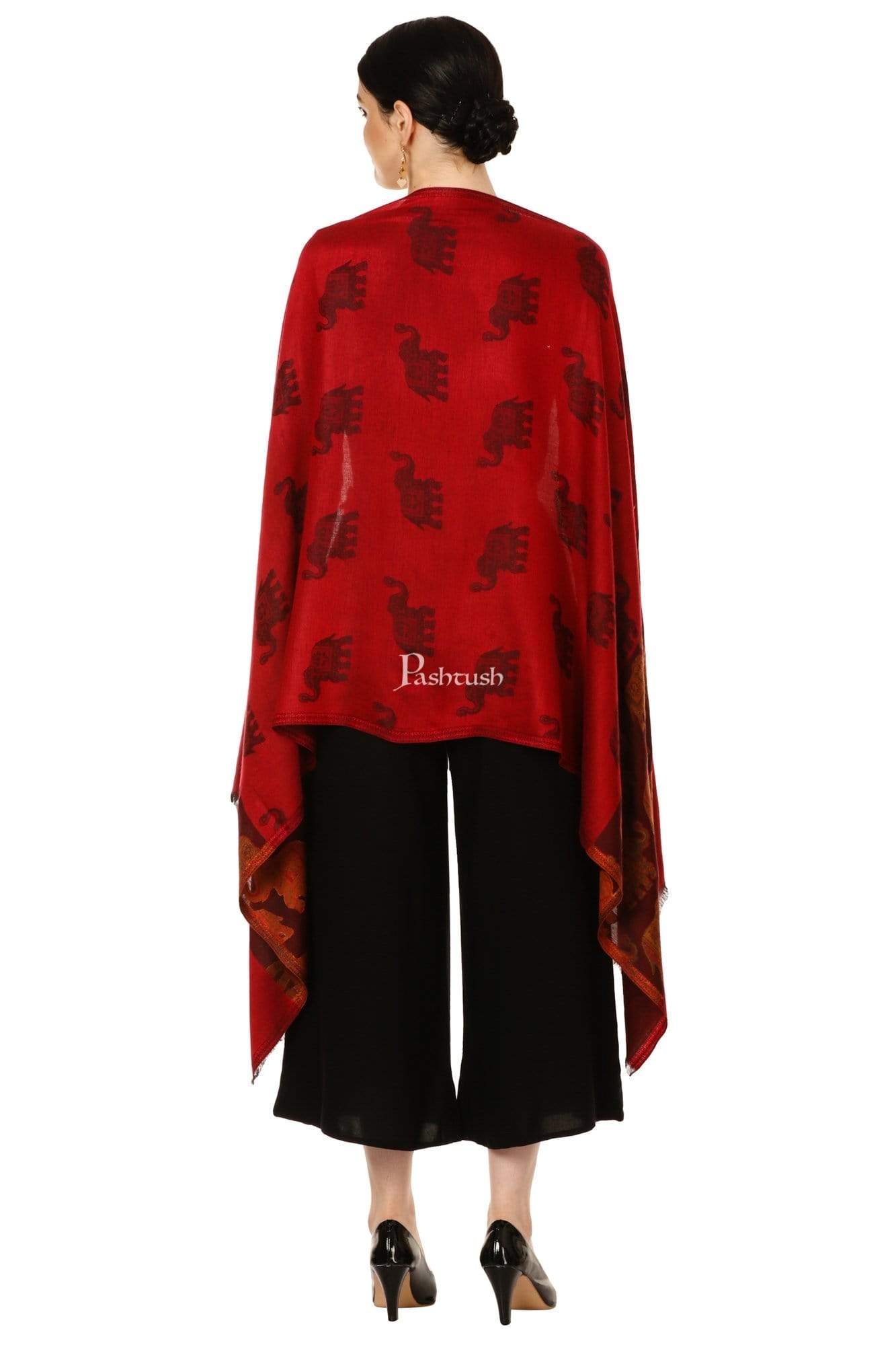 Pashtush India 70x200 Pashtush Women's Soft Bamboo Scarf, Happy Elephants Woven Design, Maroon