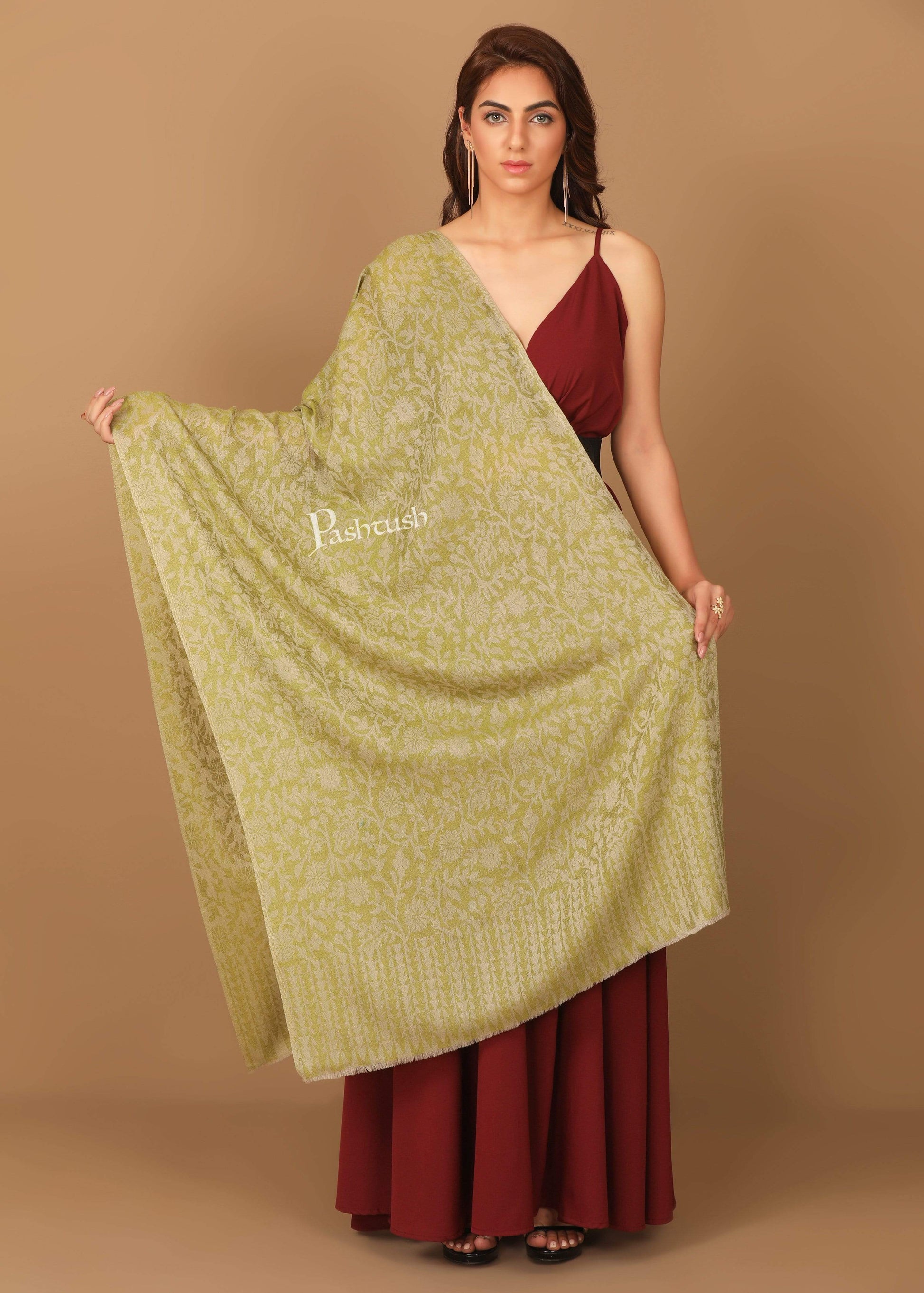 Pashtush India 70x200 Pashtush Women's Soft Fine Wool Floral Scarf, Soft and Warm, Emerald Green