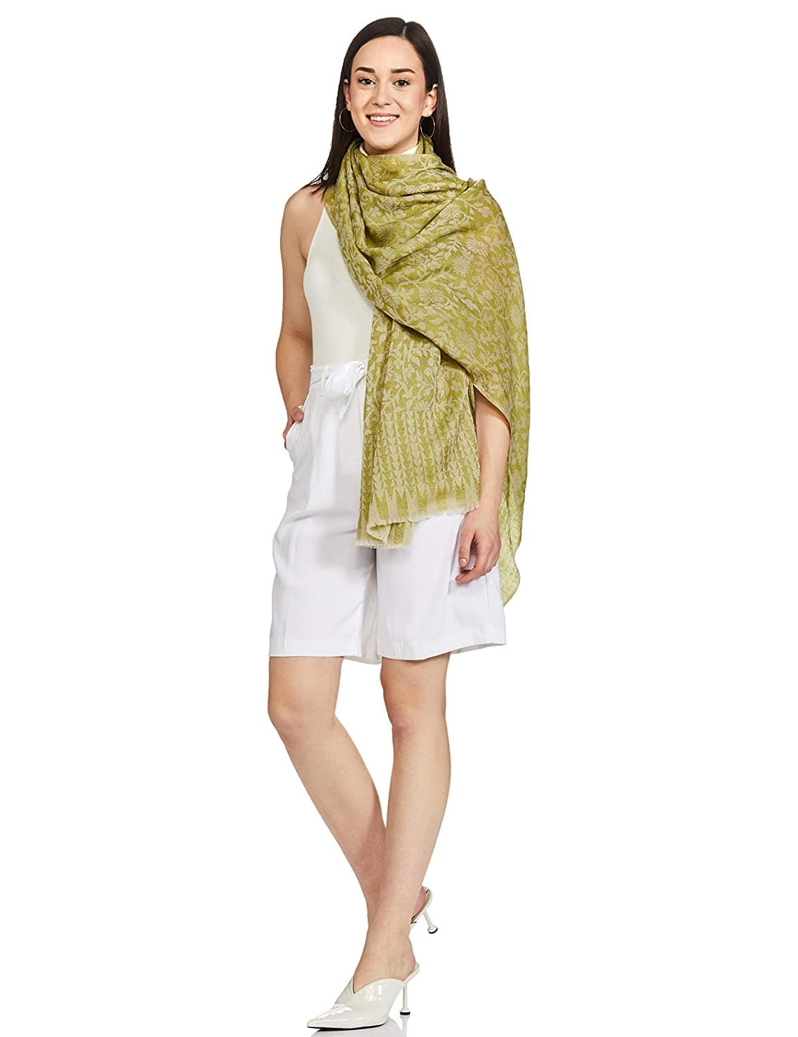 Pashtush India 70x200 Pashtush Women's Soft Fine Wool Floral Scarf, Soft and Warm, Emerald Green