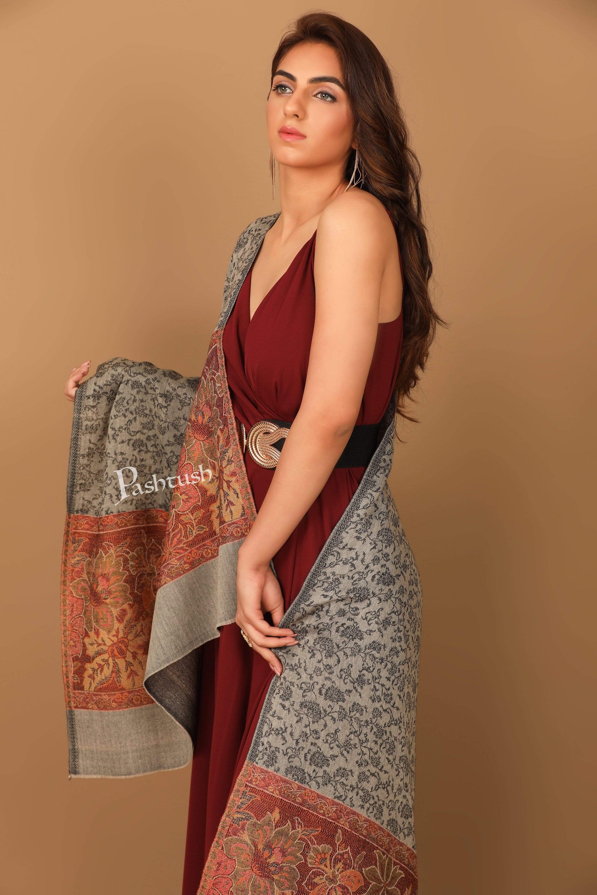 Pashtush India Stole Pashtush Women's Soft Fine Wool Floral Scarf, Soft and Warm, Light Black