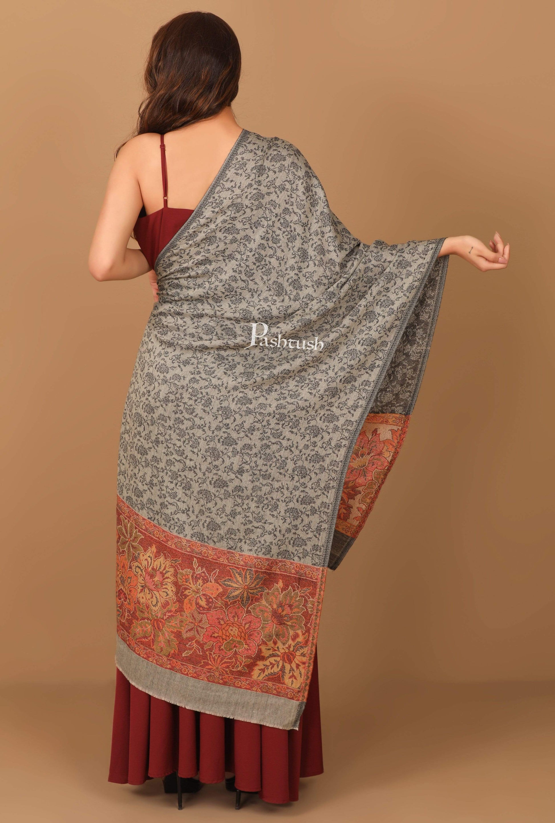 Pashtush India Stole Pashtush Women's Soft Fine Wool Floral Scarf, Soft and Warm, Light Black