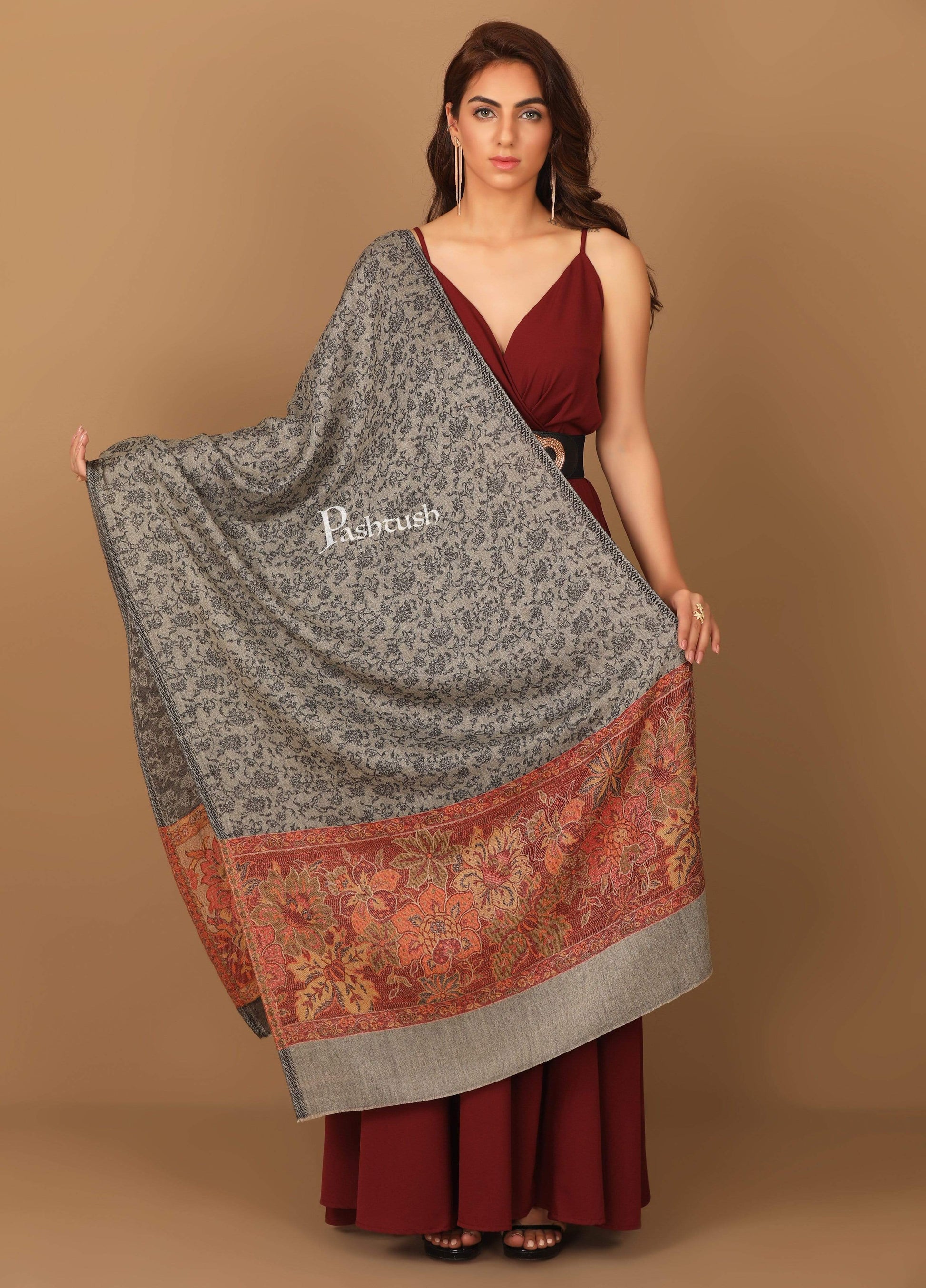 Pashtush India Stole Pashtush Women's Soft Fine Wool Floral Scarf, Soft and Warm, Light Black