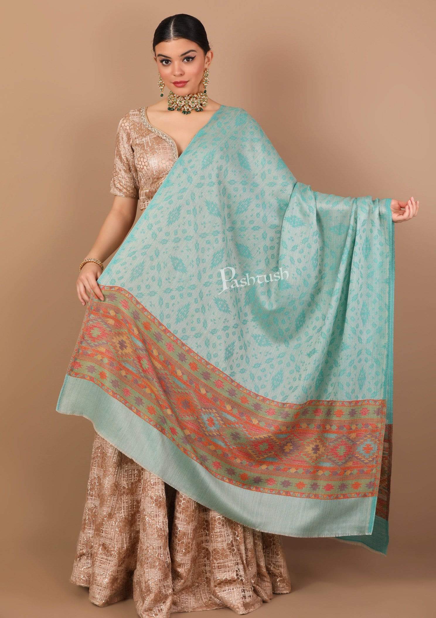 Pashtush India Shawl Pashtush Women's Soft Fine Wool Reversible Shawl with Kaani Weave, Mint Green