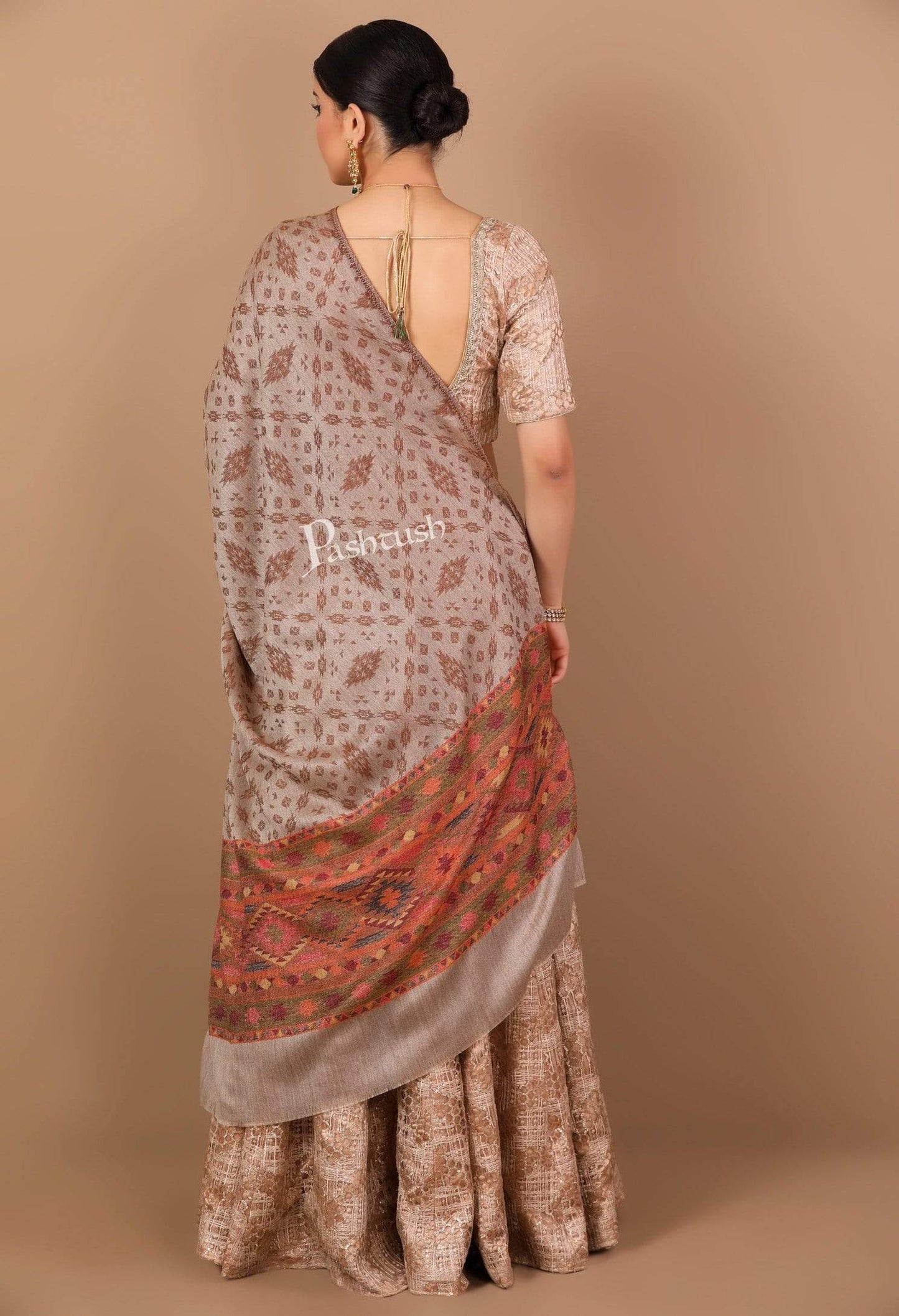 Pashtush India Shawl Pashtush Women's Soft Fine Wool Reversible Shawl with Kaani Weave Palla, Espresso