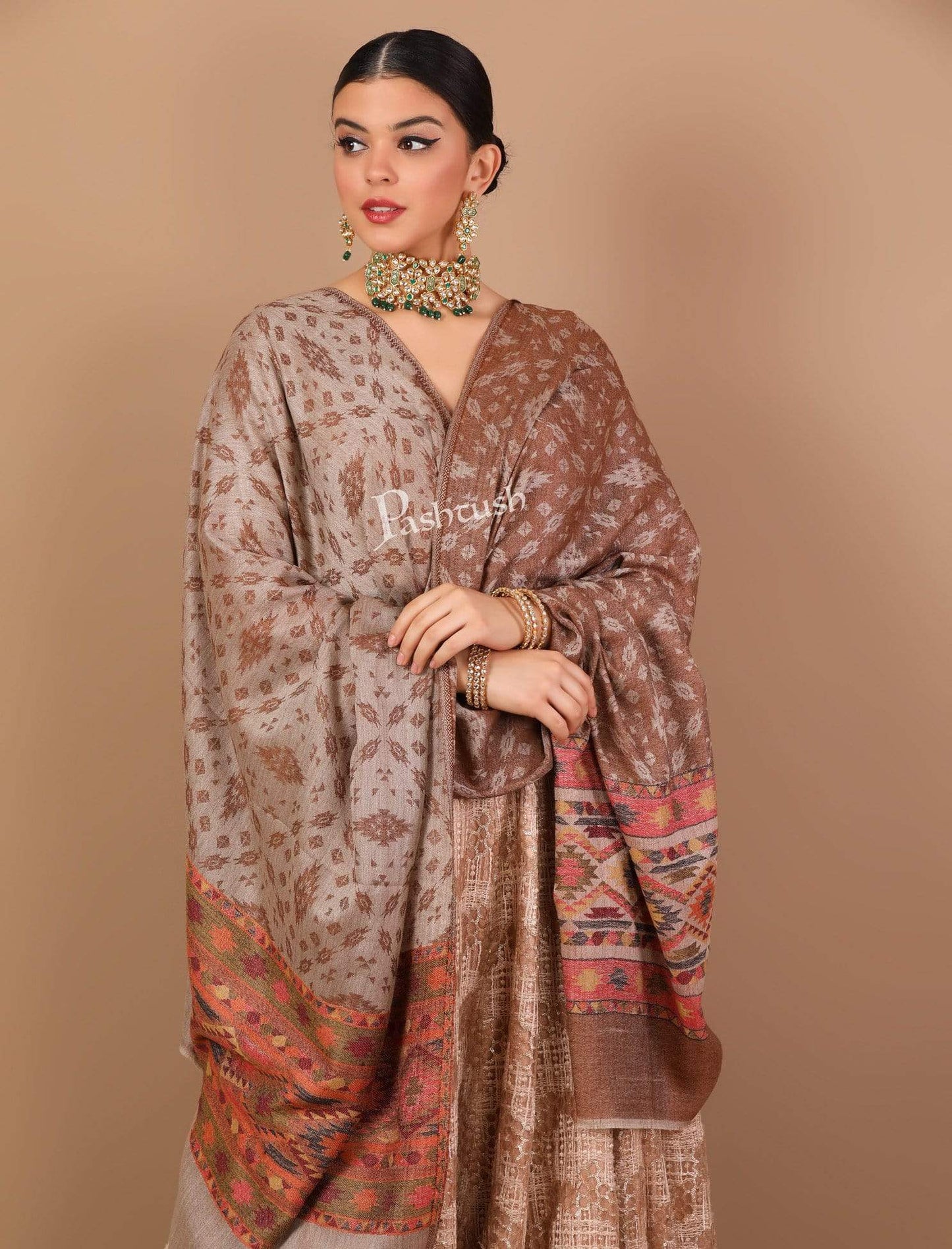 Pashtush India Shawl Pashtush Women's Soft Fine Wool Reversible Shawl with Kaani Weave Palla, Espresso
