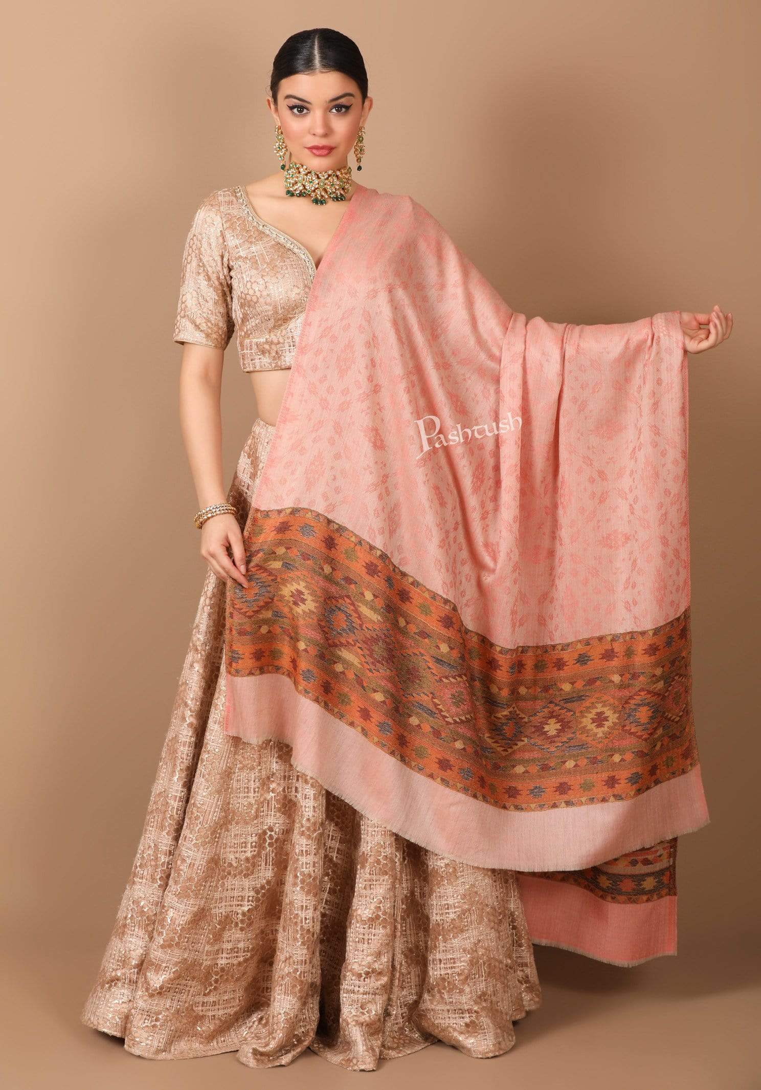 Pashtush India Shawl Pashtush Women's Soft Fine Wool  Shawl with Kaani Weave Palla, Soft Peach