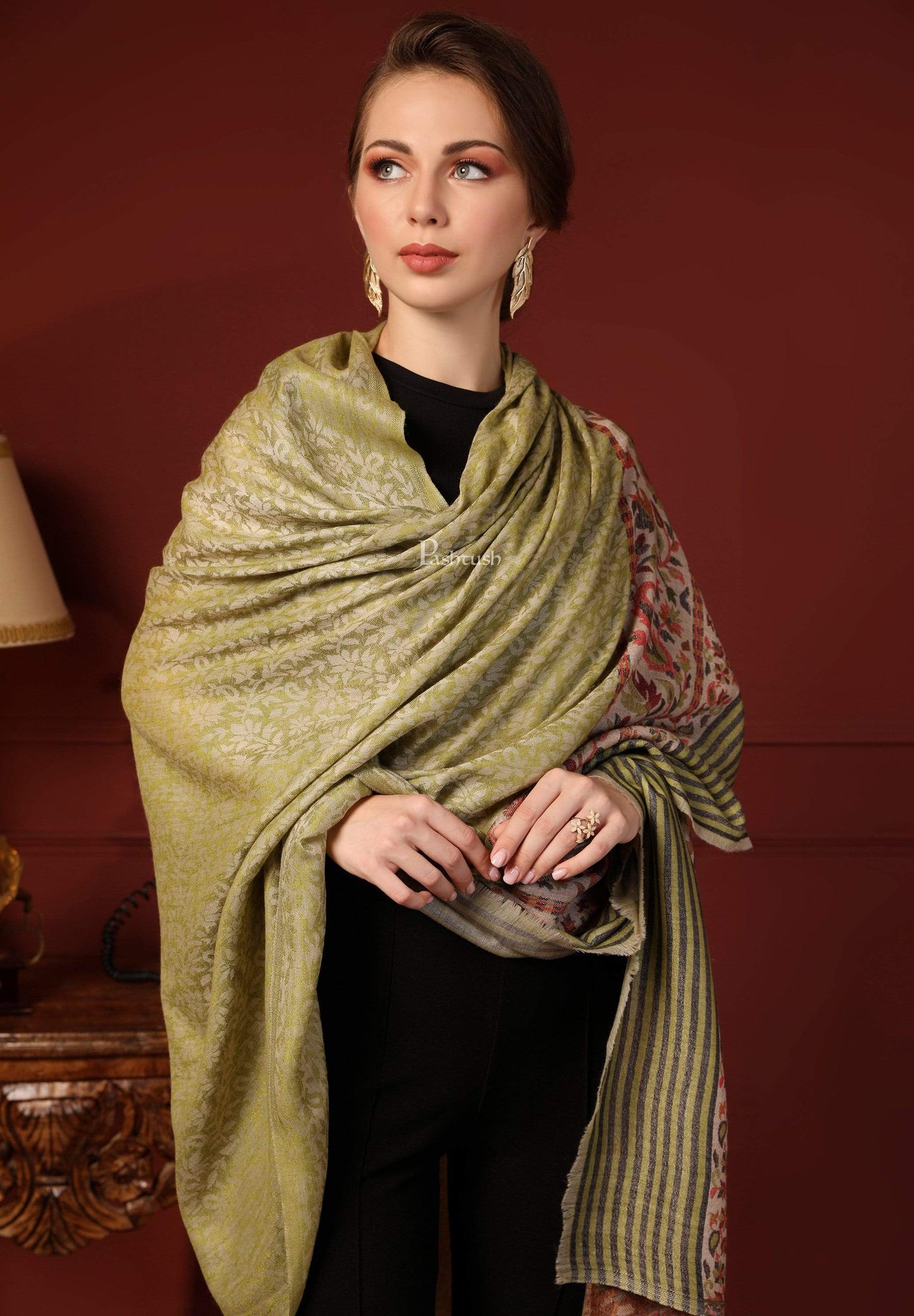 Pashtush India 100x200 Pashtush Women's Soft Wool Cashmere Blended Shawl, Kaani Palla, Green