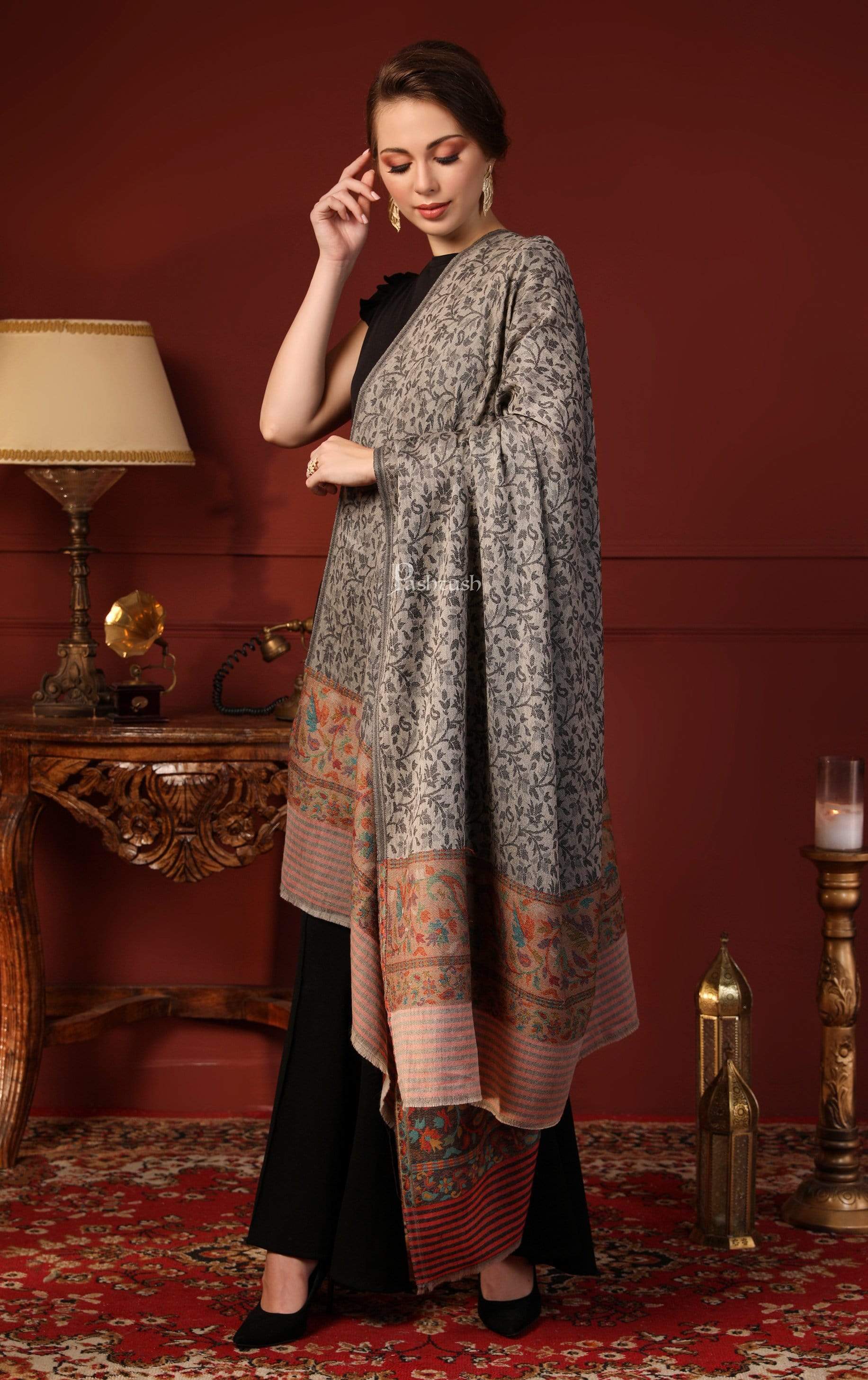 Pashtush India 100x200 Pashtush Women's Soft Wool Cashmere Blended Shawl, Kaani Palla, Grey