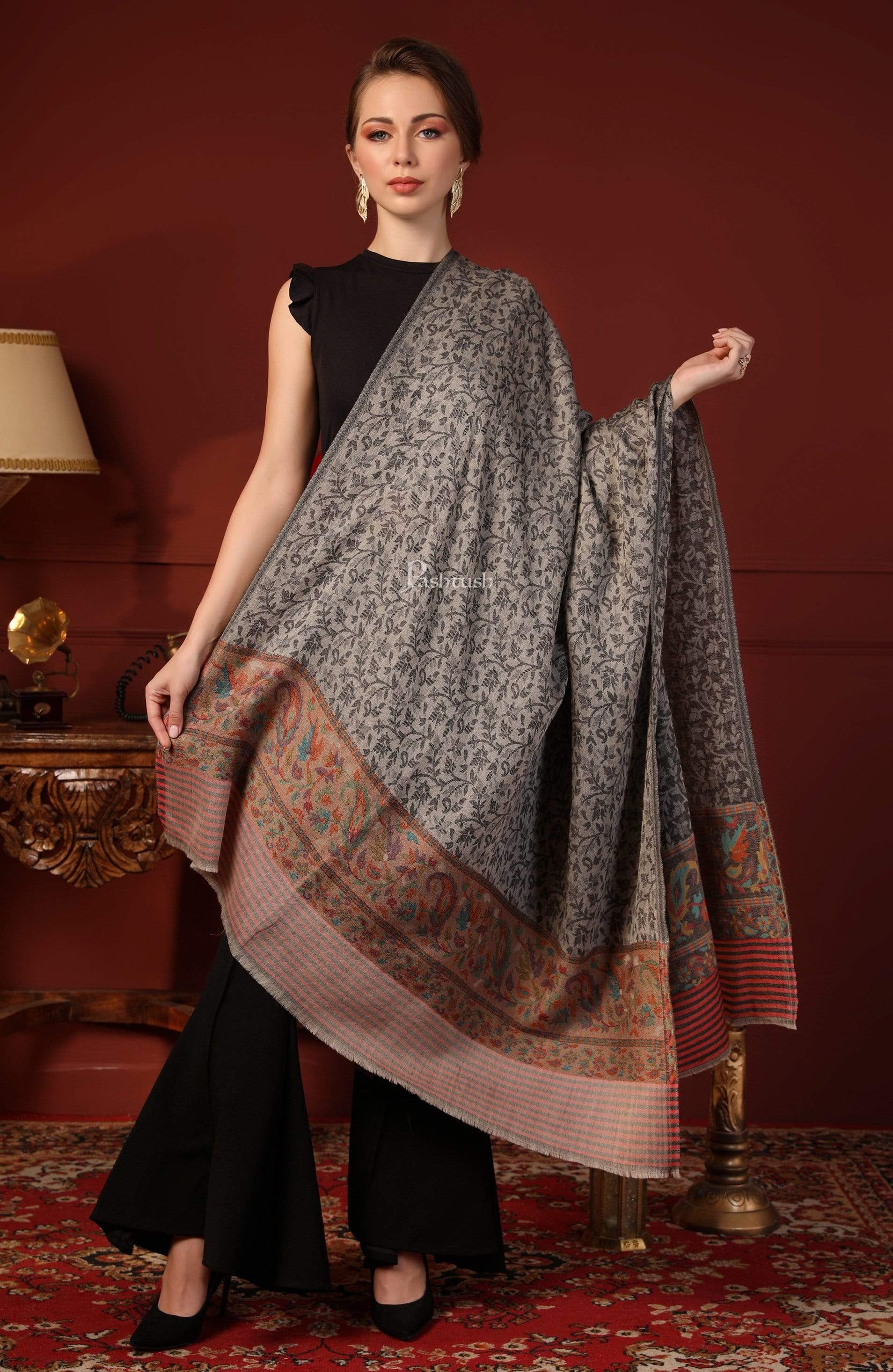 Pashtush India 100x200 Pashtush Women's Soft Wool Cashmere Blended Shawl, Kaani Palla, Grey