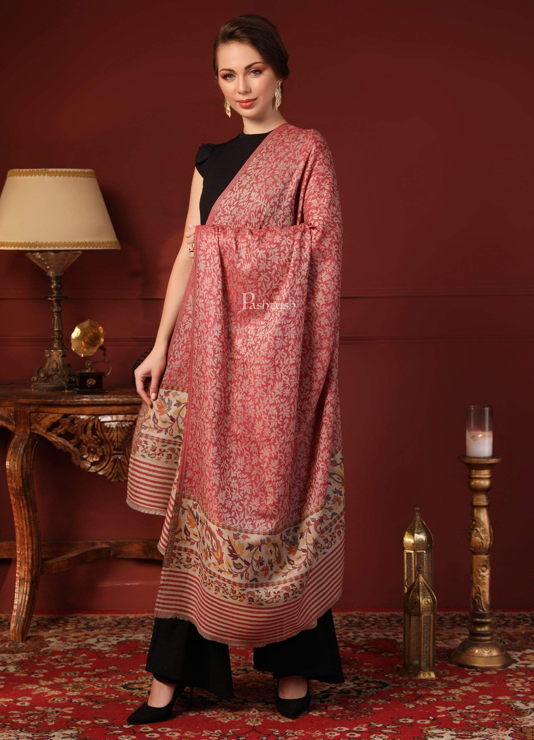 Pashtush India 100x200 Pashtush Women's Soft Wool Cashmere Blended Shawl, Kaani Palla, Pink