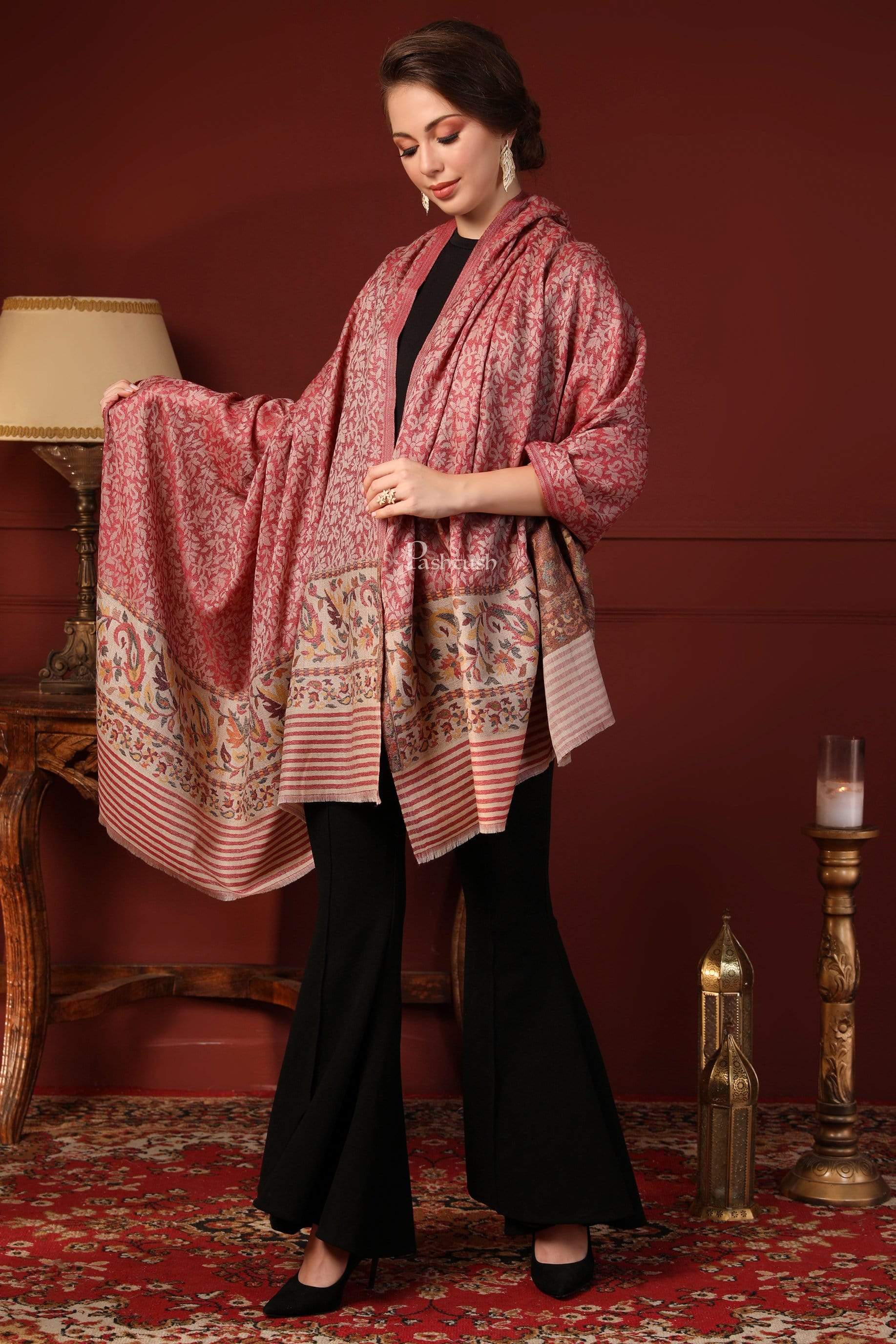 Pashtush India 100x200 Pashtush Women's Soft Wool Cashmere Blended Shawl, Kaani Palla, Pink