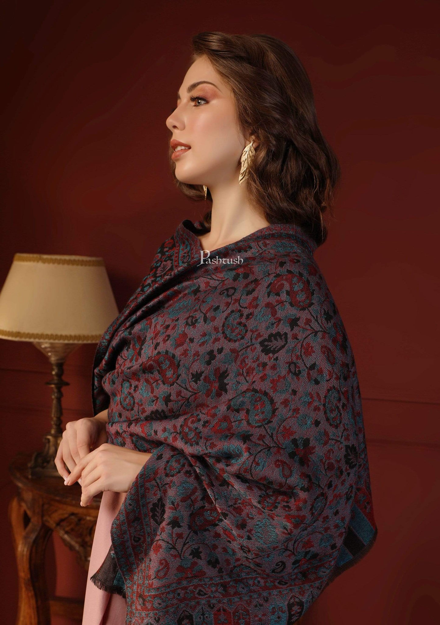 Pashtush India 70x200 Pashtush Women's Soft Wool, Reversible Stole, Scarf, Kaani Weave, Black and Lilac