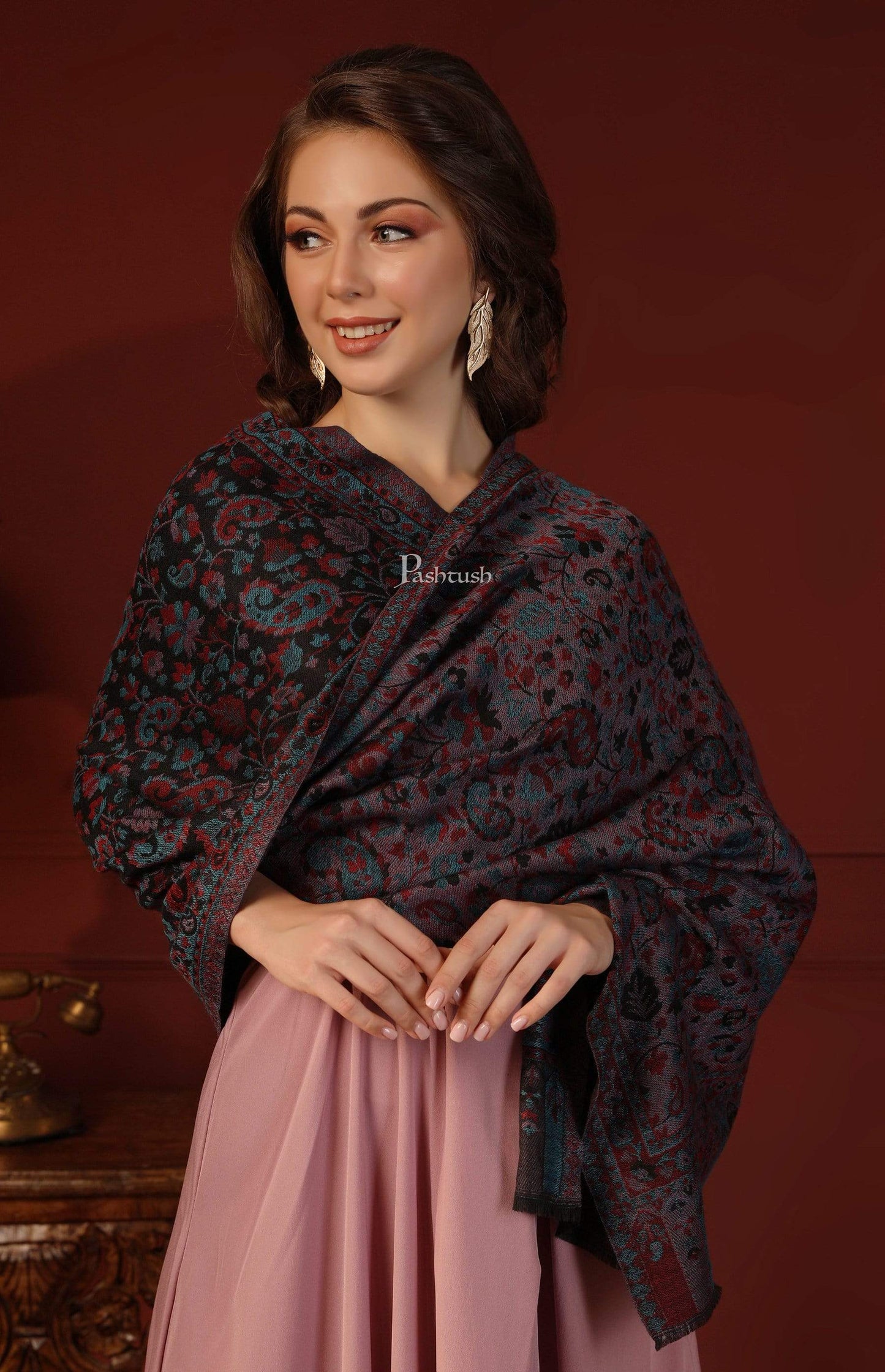 Pashtush India 70x200 Pashtush Women's Soft Wool, Reversible Stole, Scarf, Kaani Weave, Black and Lilac