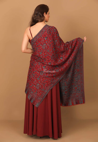 Pashtush India Stole Pashtush Women's Soft Wool, Reversible Stole, Scarf, Kaani Weave, Deep Maroon