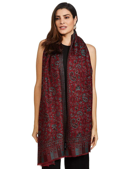 Pashtush India 70x200 Pashtush Women's Soft Wool, Reversible Stole, Scarf, Kaani Weave, Deep Maroon