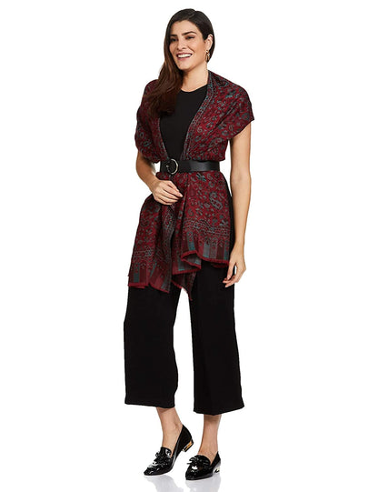 Pashtush India 70x200 Pashtush Women's Soft Wool, Reversible Stole, Scarf, Kaani Weave, Deep Maroon