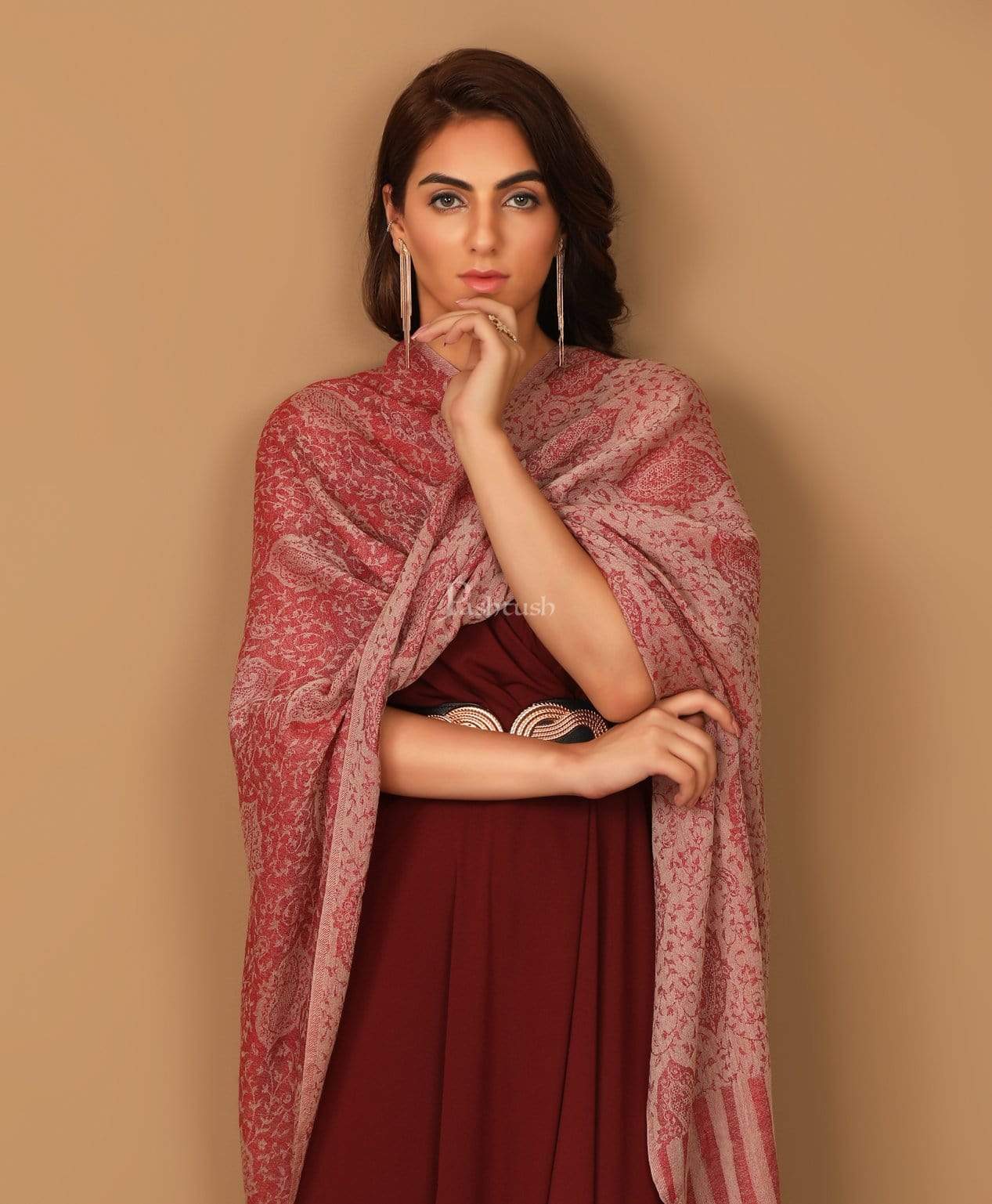 Pashtush India Stole Pashtush Women's Soft Wool, Reversible Stole Scarf, Self Paisley Weave, Ruby