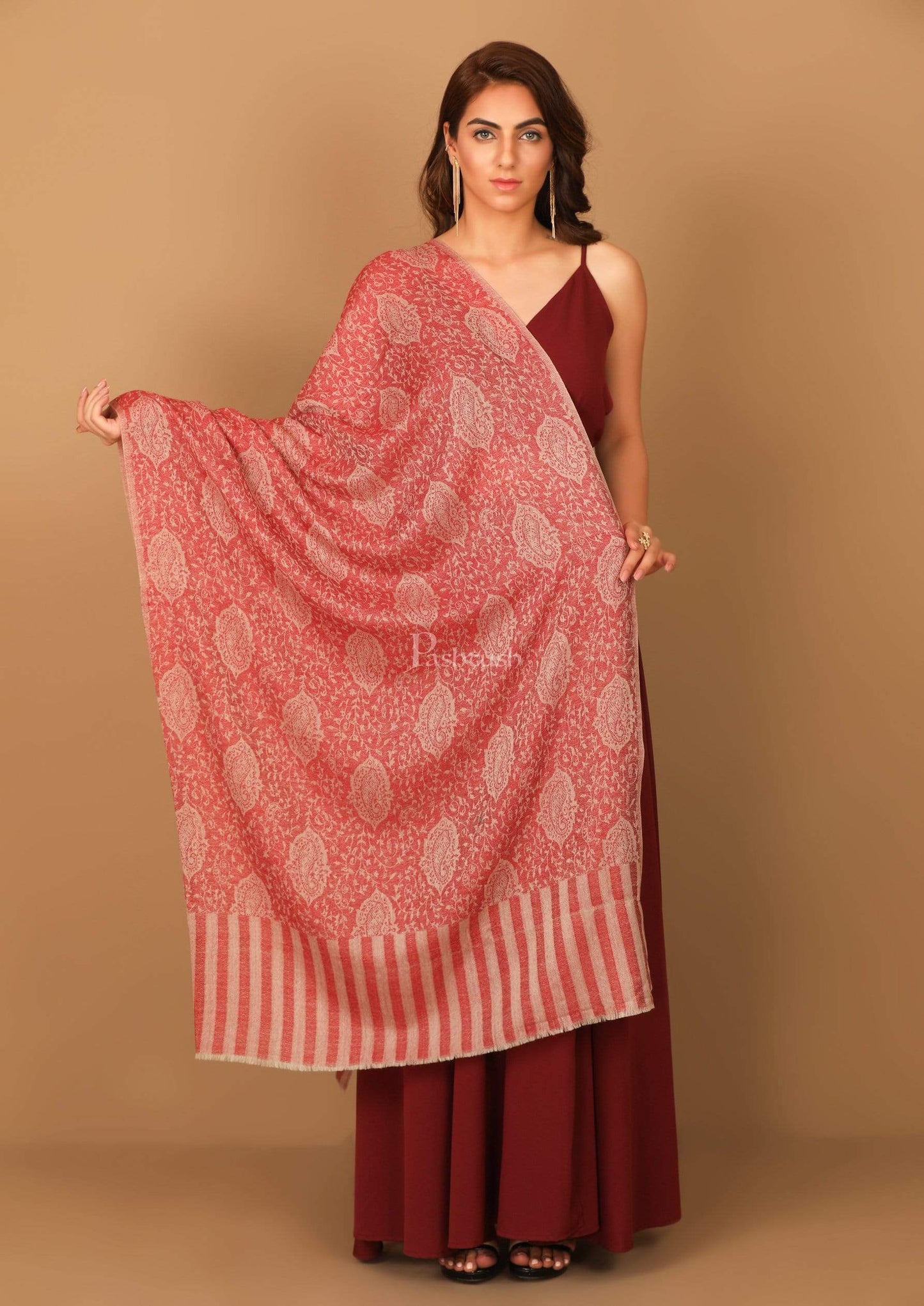 Pashtush India Stole Pashtush Women's Soft Wool, Reversible Stole Scarf, Self Paisley Weave, Ruby