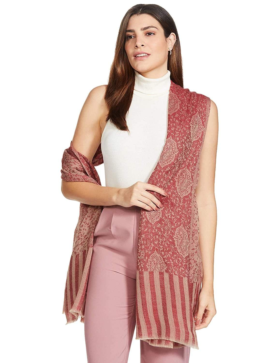 Pashtush India 70x200 Pashtush Women's Soft Wool, Reversible Stole Scarf, Self Paisley Weave, Ruby