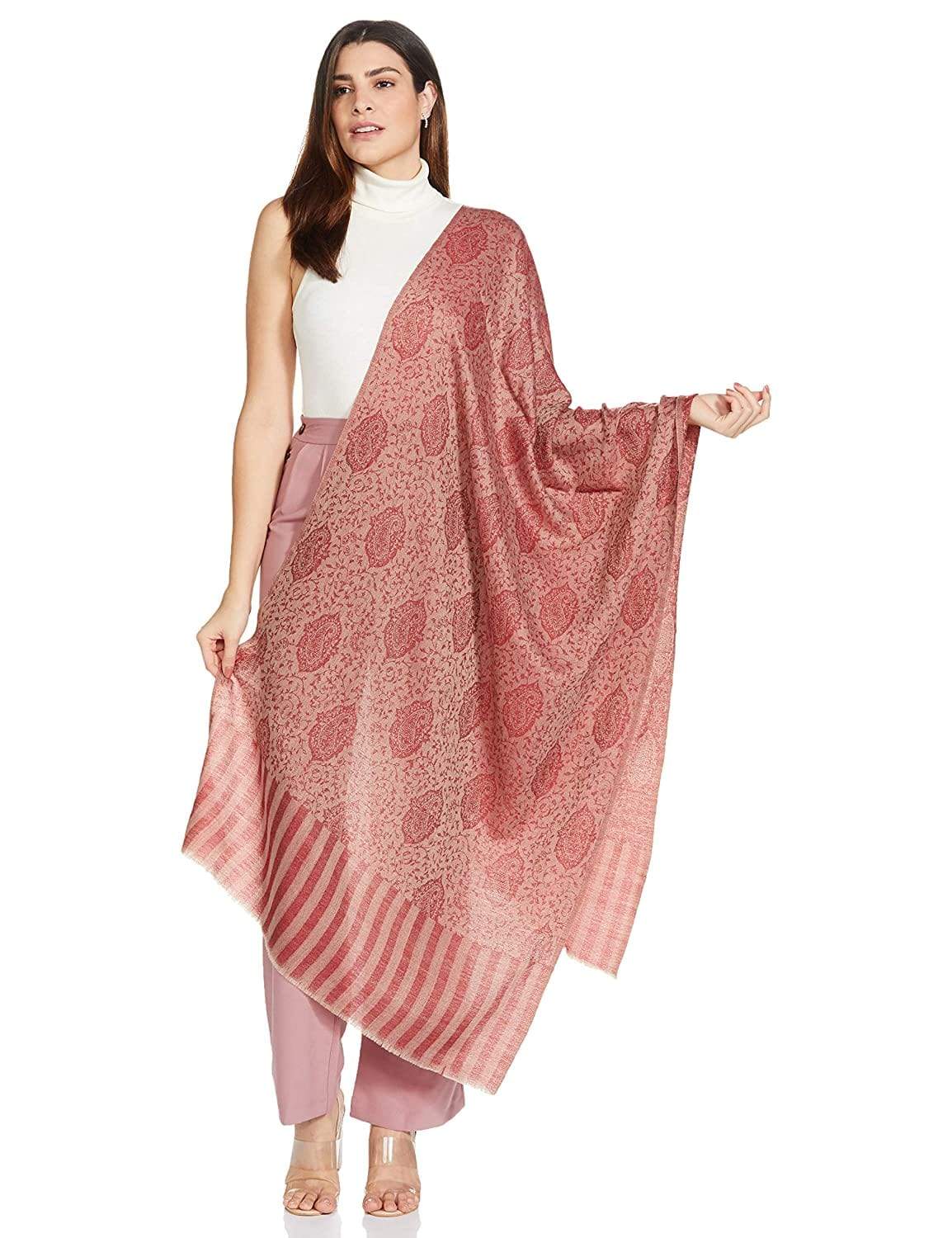 Pashtush India 70x200 Pashtush Women's Soft Wool, Reversible Stole Scarf, Self Paisley Weave, Ruby