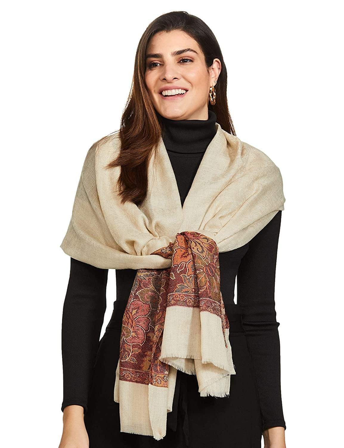 Pashtush India 70x200 Pashtush Women's Soft Wool Stole, Soft Wool Scarf, Floral Beige
