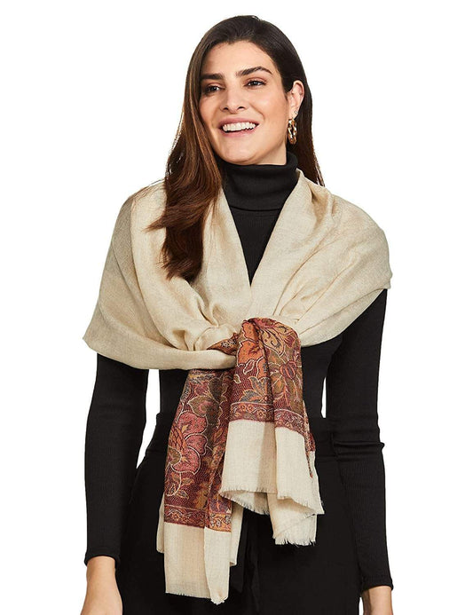 Pashtush India 70x200 Pashtush Women's Soft Wool Stole, Soft Wool Scarf, Floral Beige