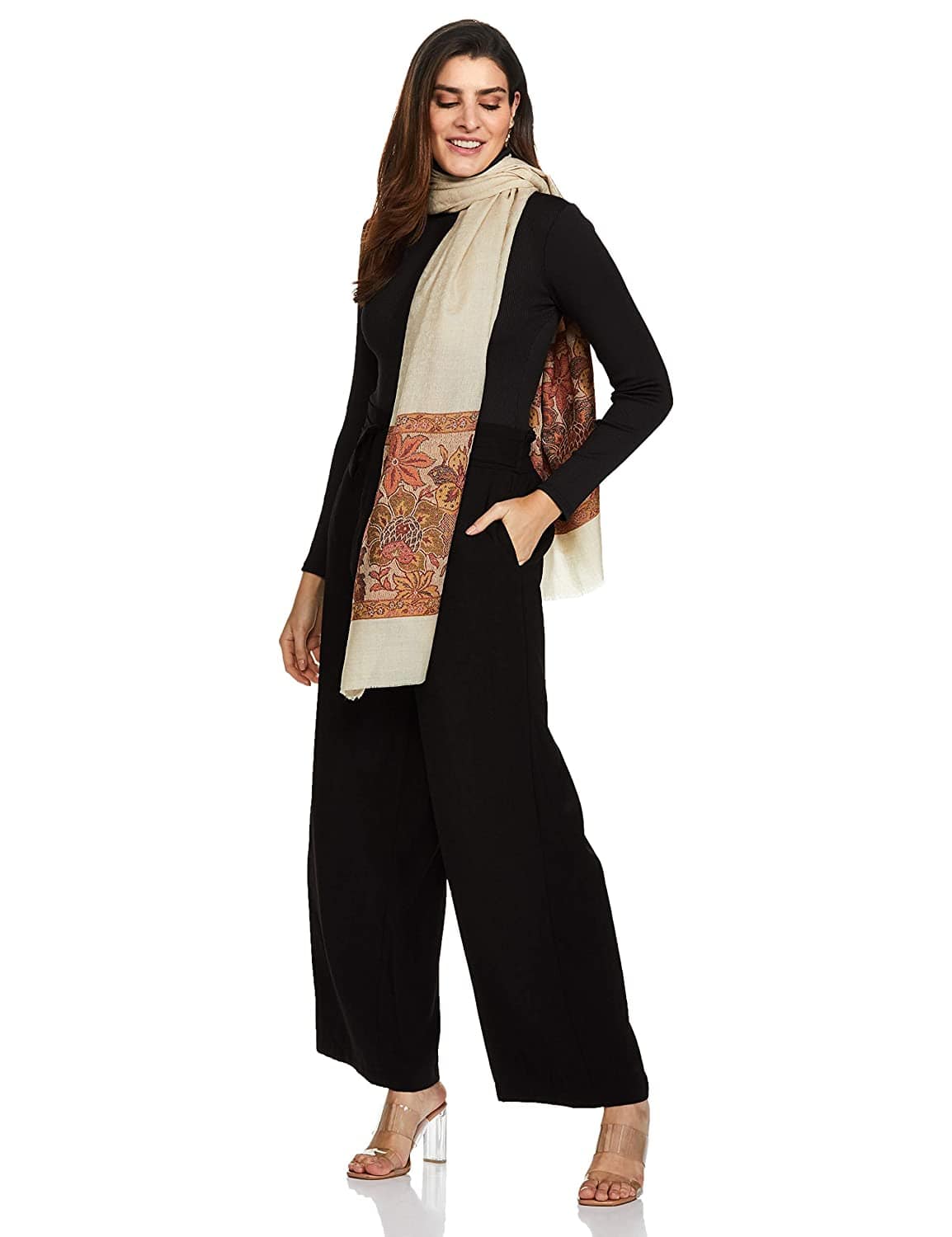 Pashtush India 70x200 Pashtush Women's Soft Wool Stole, Soft Wool Scarf, Floral Beige