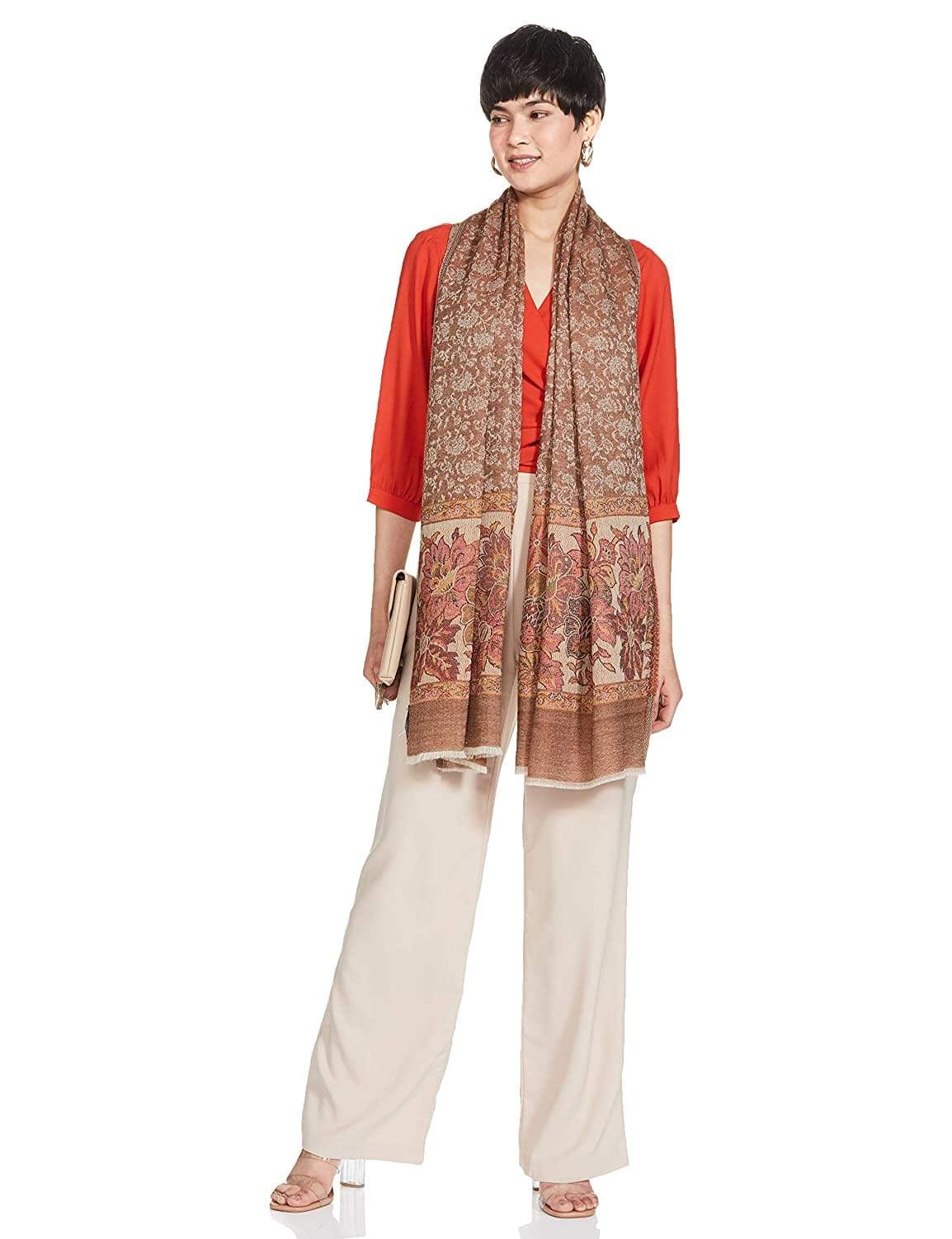 Pashtush India 100x200 Pashtush Women's Soft Wool Stole, Soft Wool Scarf, Floral coffee