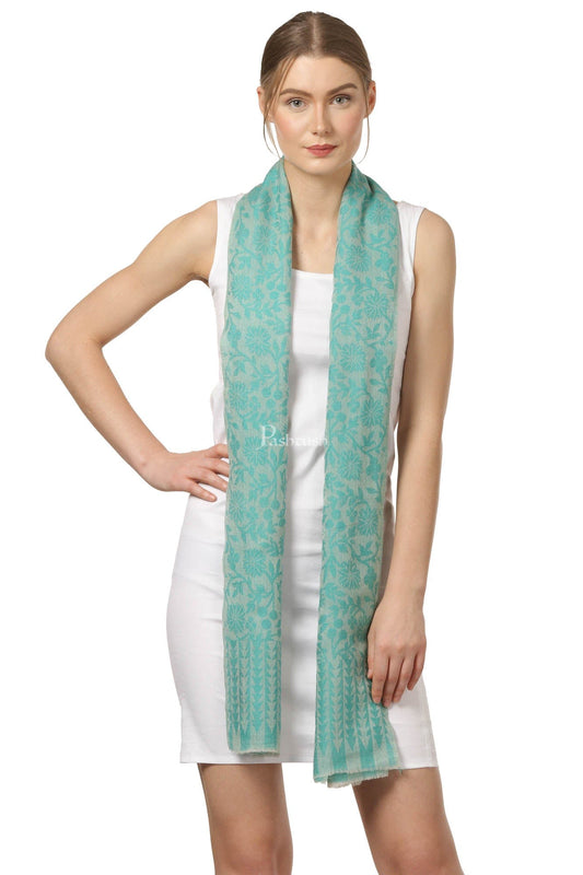 Pashtush India Womens Stoles and Scarves Scarf Pashtush Women'S Wool Self Reversible Scarf Floral Jacquard Design, Arabic Sea Green
