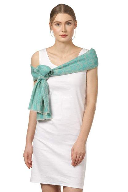 Pashtush India Womens Stoles and Scarves Scarf Pashtush Women'S Wool Self Reversible Scarf Floral Jacquard Design, Arabic Sea Green