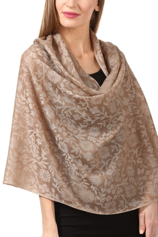 Pashtush India 70x200 Pashtush Women's Wool Self Reversible Scarf Floral Jacquard Design, Silk-Pashmina