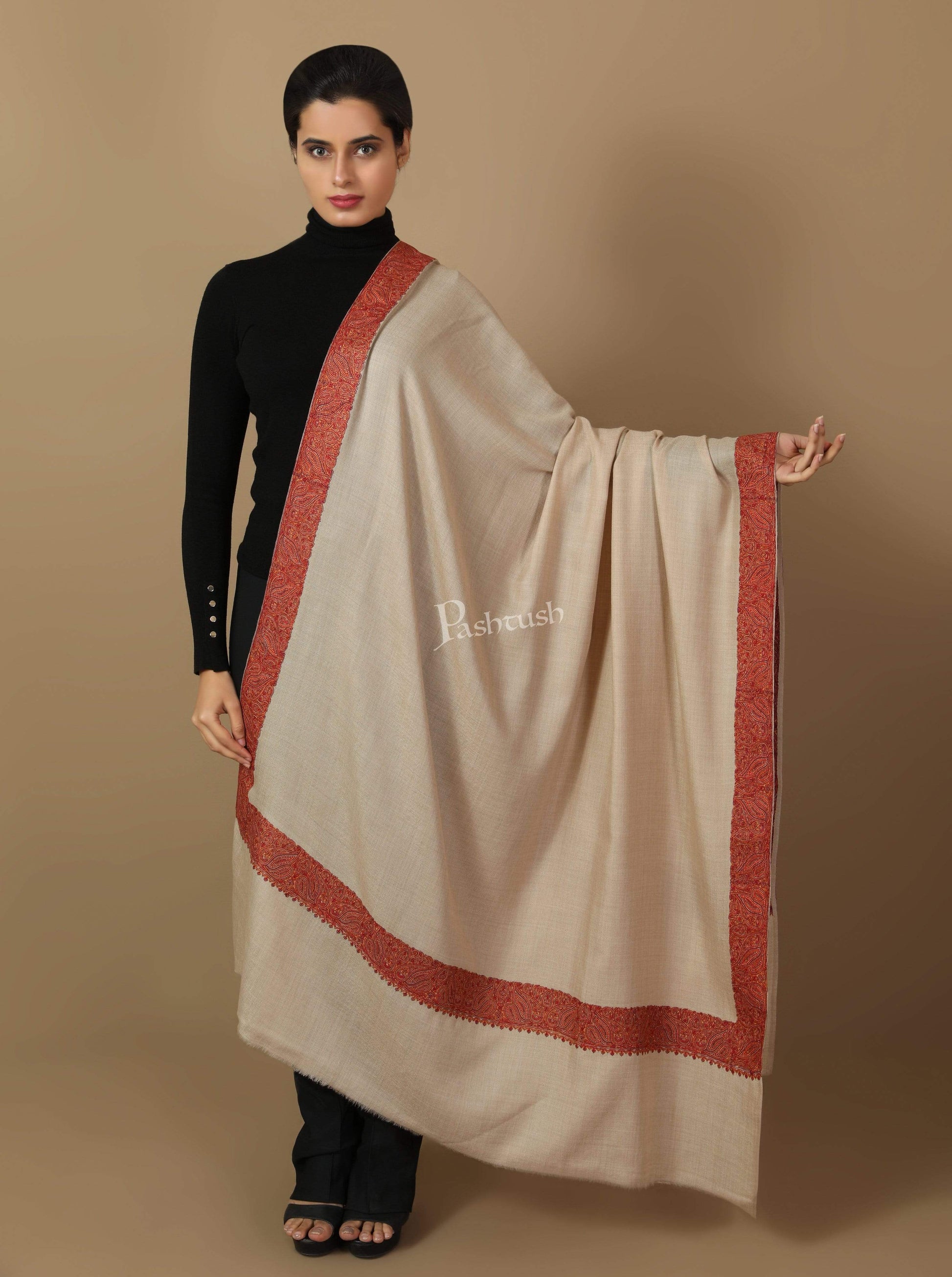 Pashtush Store Shawl Pashtush Women's Wool Shawl embroidered border, Beige