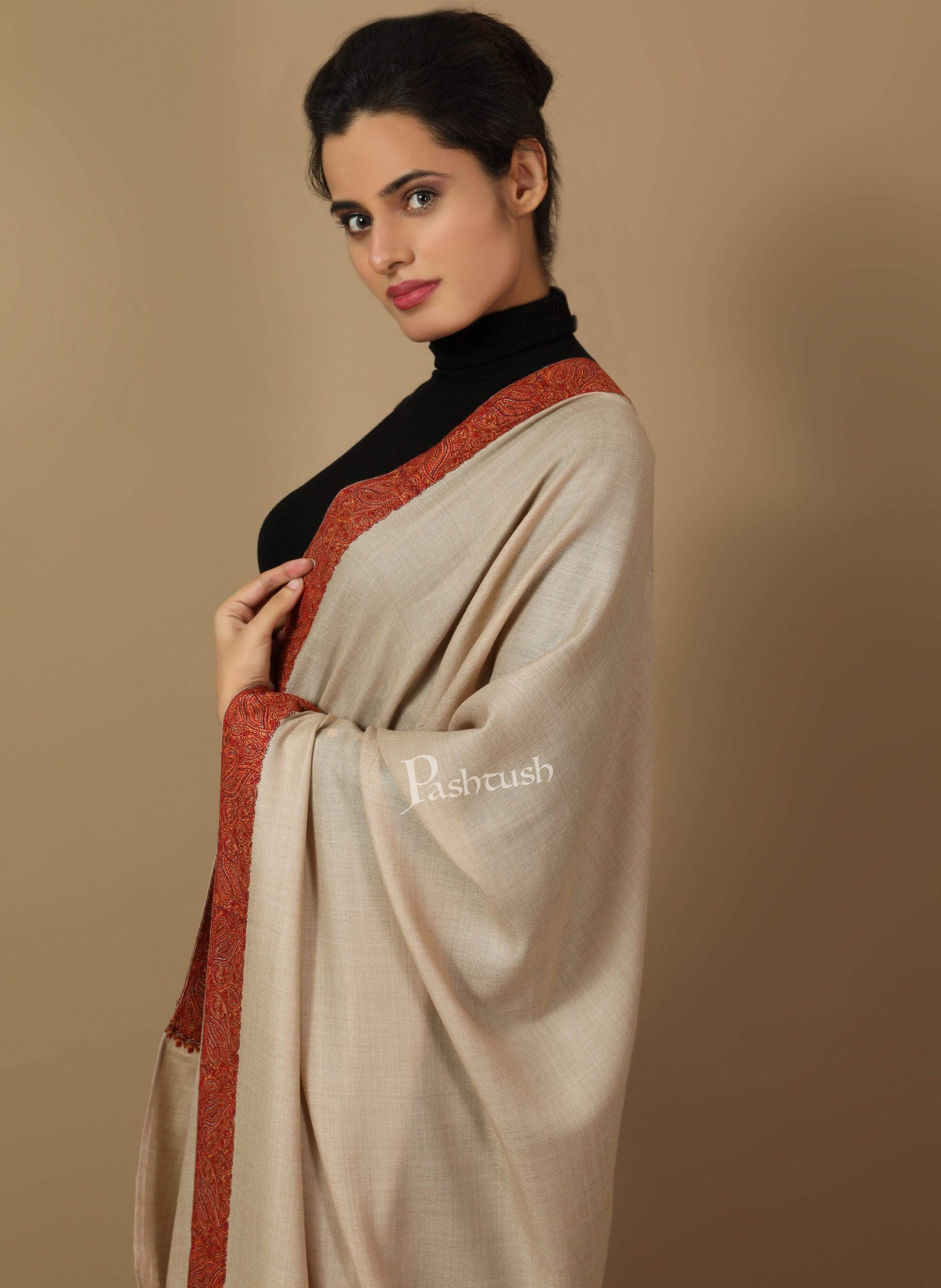 Pashtush Store Shawl Pashtush Women's Wool Shawl embroidered border, Beige