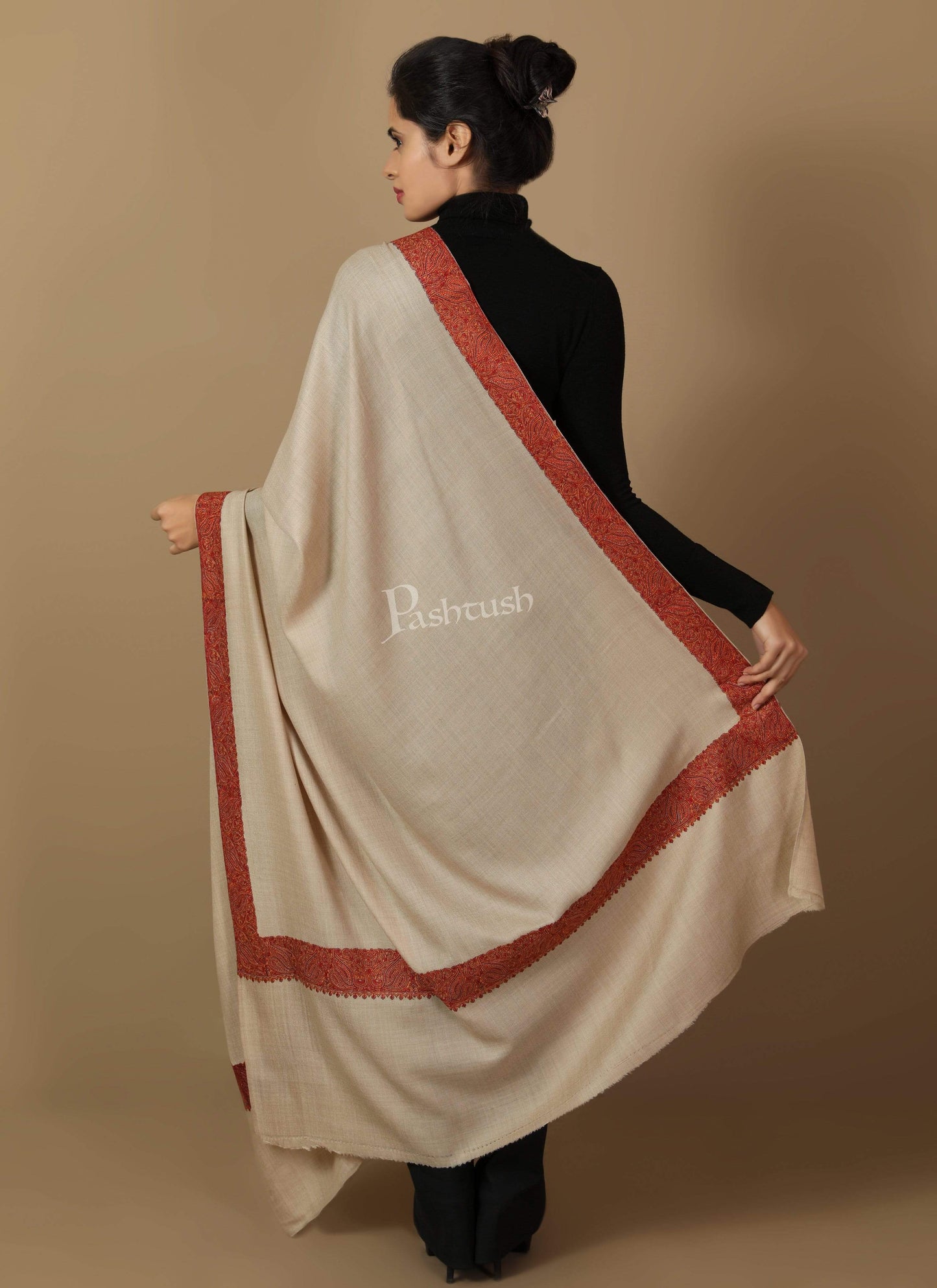 Pashtush Store Shawl Pashtush Women's Wool Shawl embroidered border, Beige