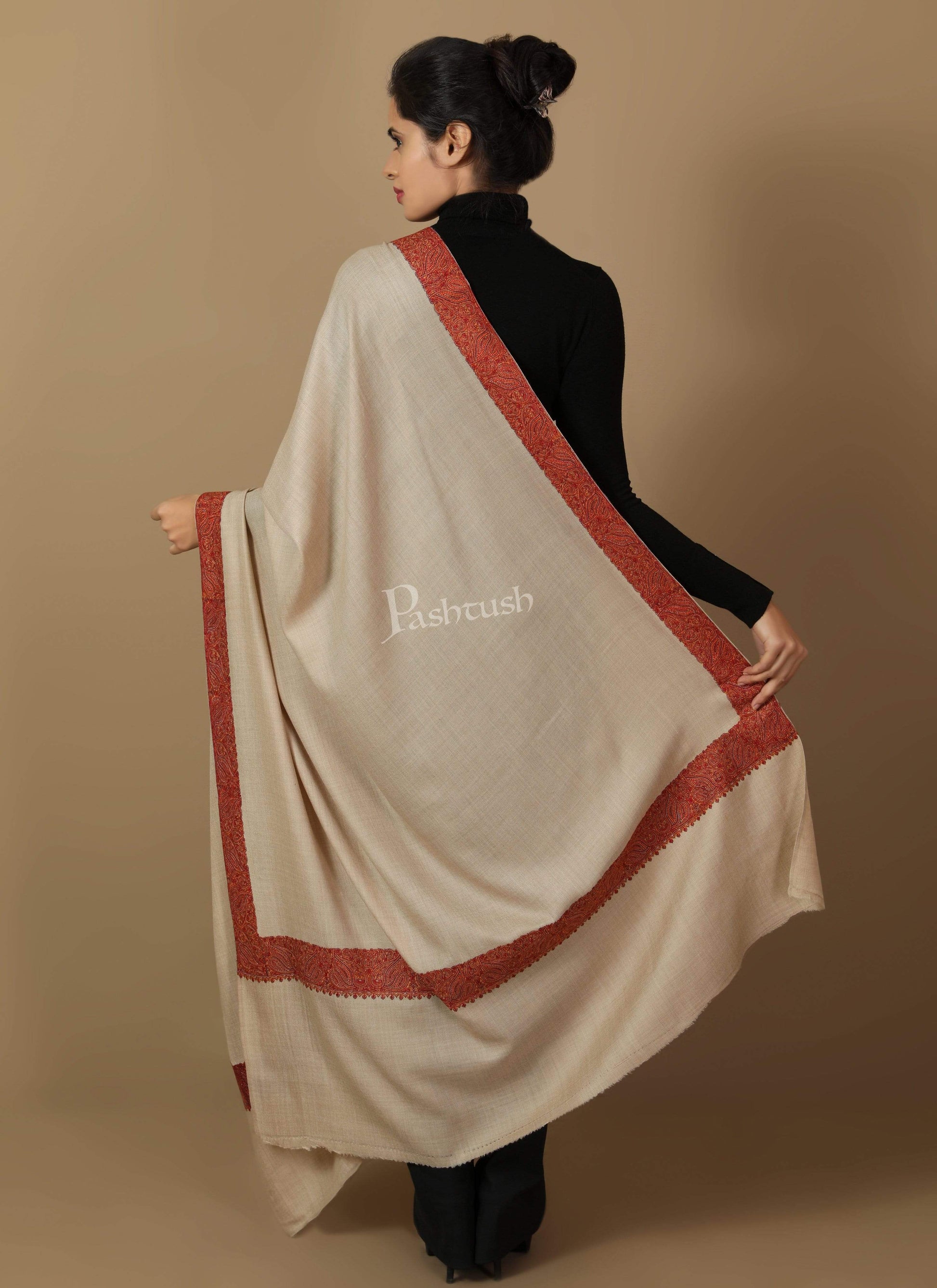 Pashtush Store Shawl Pashtush Women's Wool Shawl embroidered border, Beige