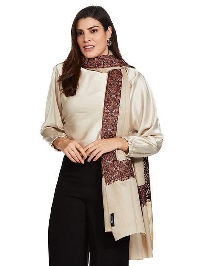 Pashtush India 100x200 PASHTUSH WOMEN'S WOOL SHAWL EMBROIDERED BORDER, BEIGE