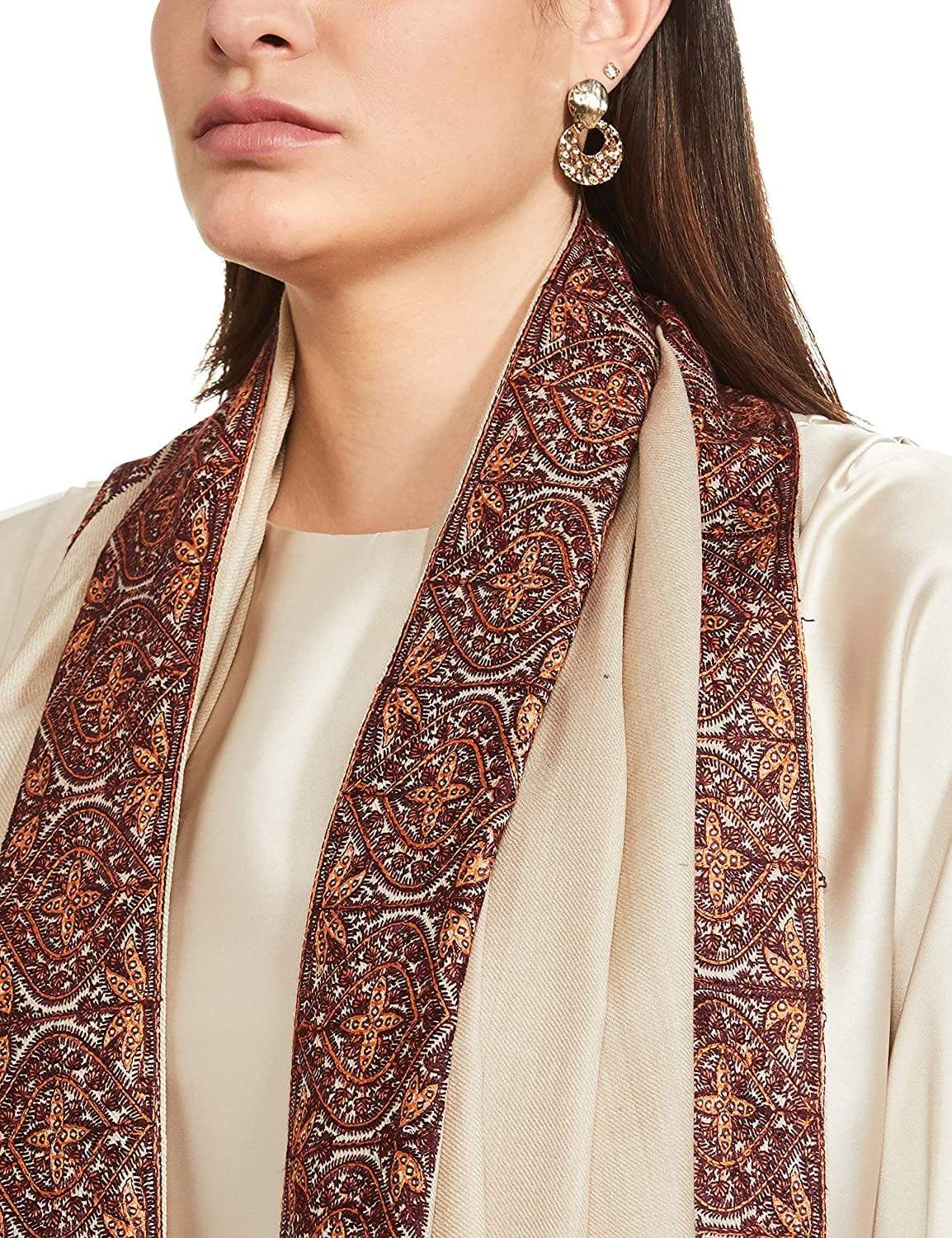 Pashtush India 100x200 PASHTUSH WOMEN'S WOOL SHAWL EMBROIDERED BORDER, BEIGE