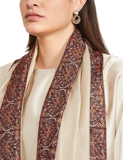 Pashtush India 100x200 PASHTUSH WOMEN'S WOOL SHAWL EMBROIDERED BORDER, BEIGE