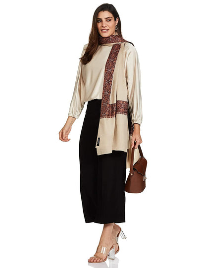 Pashtush India 100x200 PASHTUSH WOMEN'S WOOL SHAWL EMBROIDERED BORDER, BEIGE