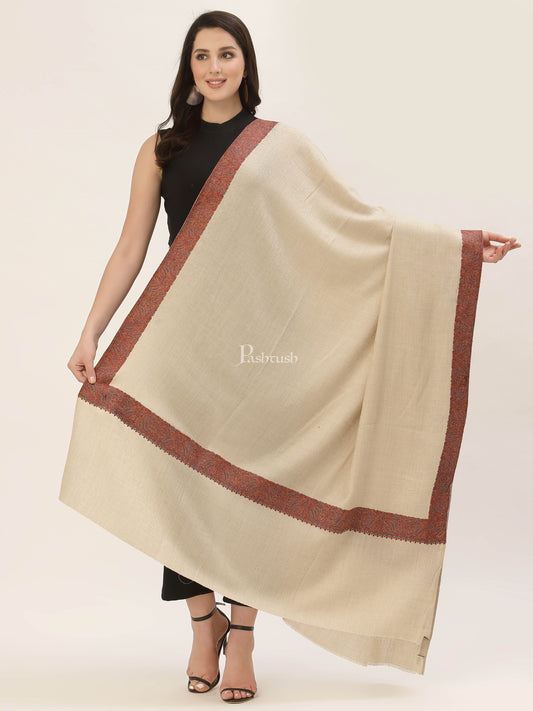 Pashtush India Womens Shawls Pashtush Women'S Wool Shawl Embroidered Border Beige