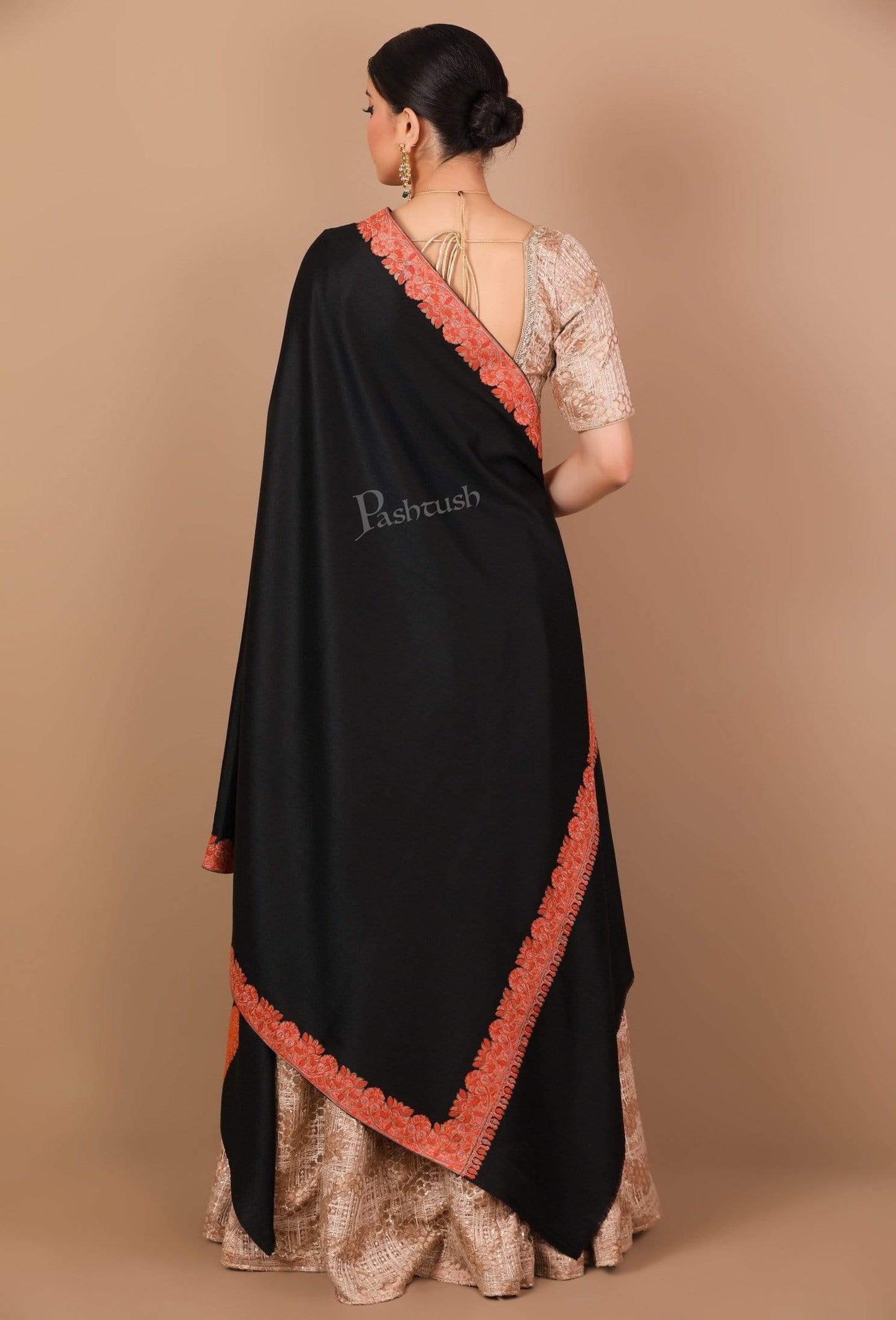 Pashtush Store Shawl Pashtush Women's Wool Shawl embroidered border, Rich Black