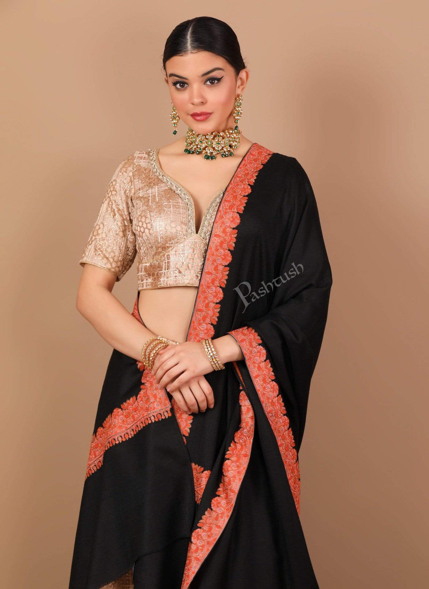 Pashtush Store Shawl Pashtush Women's Wool Shawl embroidered border, Rich Black