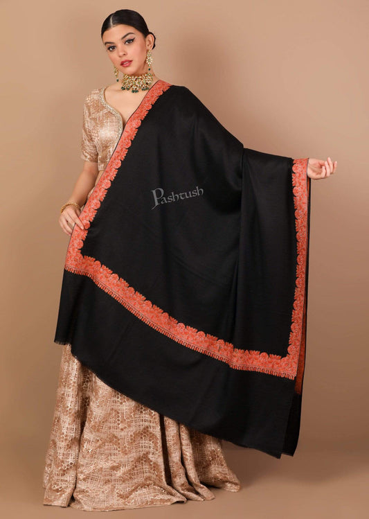Pashtush Store Shawl Pashtush Women's Wool Shawl embroidered border, Rich Black