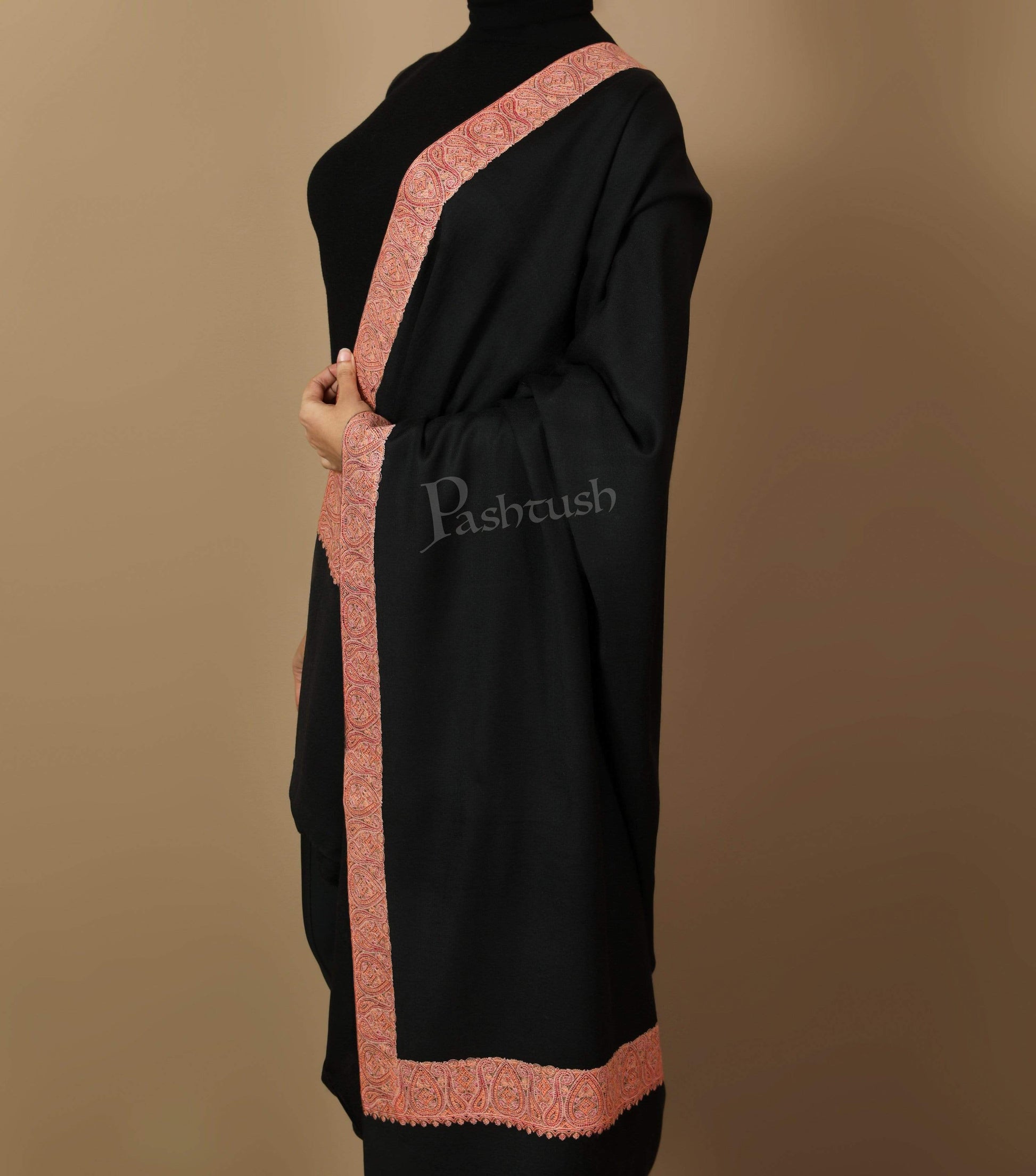 Pashtush Store Shawl Pashtush Women's Wool Shawl embroidered border, Rich Black